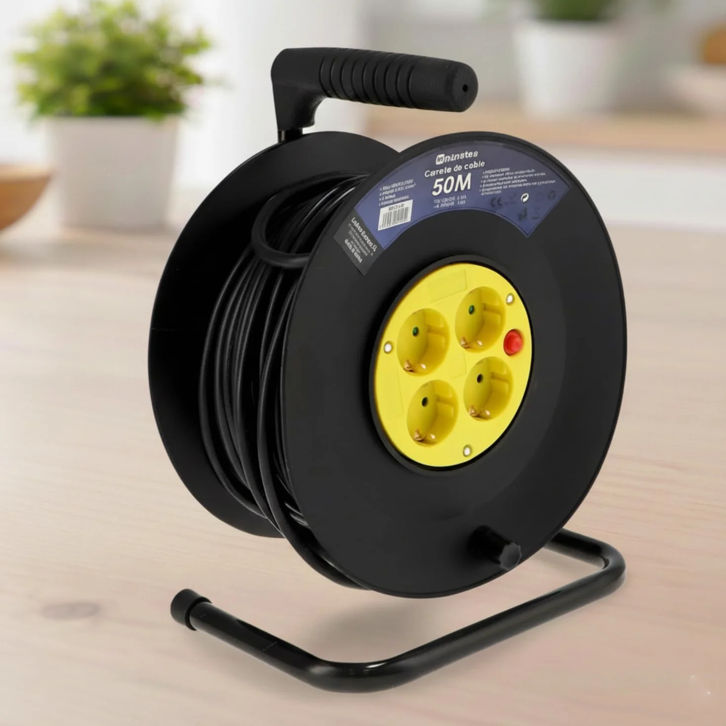 M mimotec - Enrollacables Exterior 50 Metros 4 Tomas 3200W 16A | Cable H05VV-F 3x1,5 mm² | Carrete Eléctrico con Protección Infantil | Alargador para Jardín, Garaje, Taller y Hogar