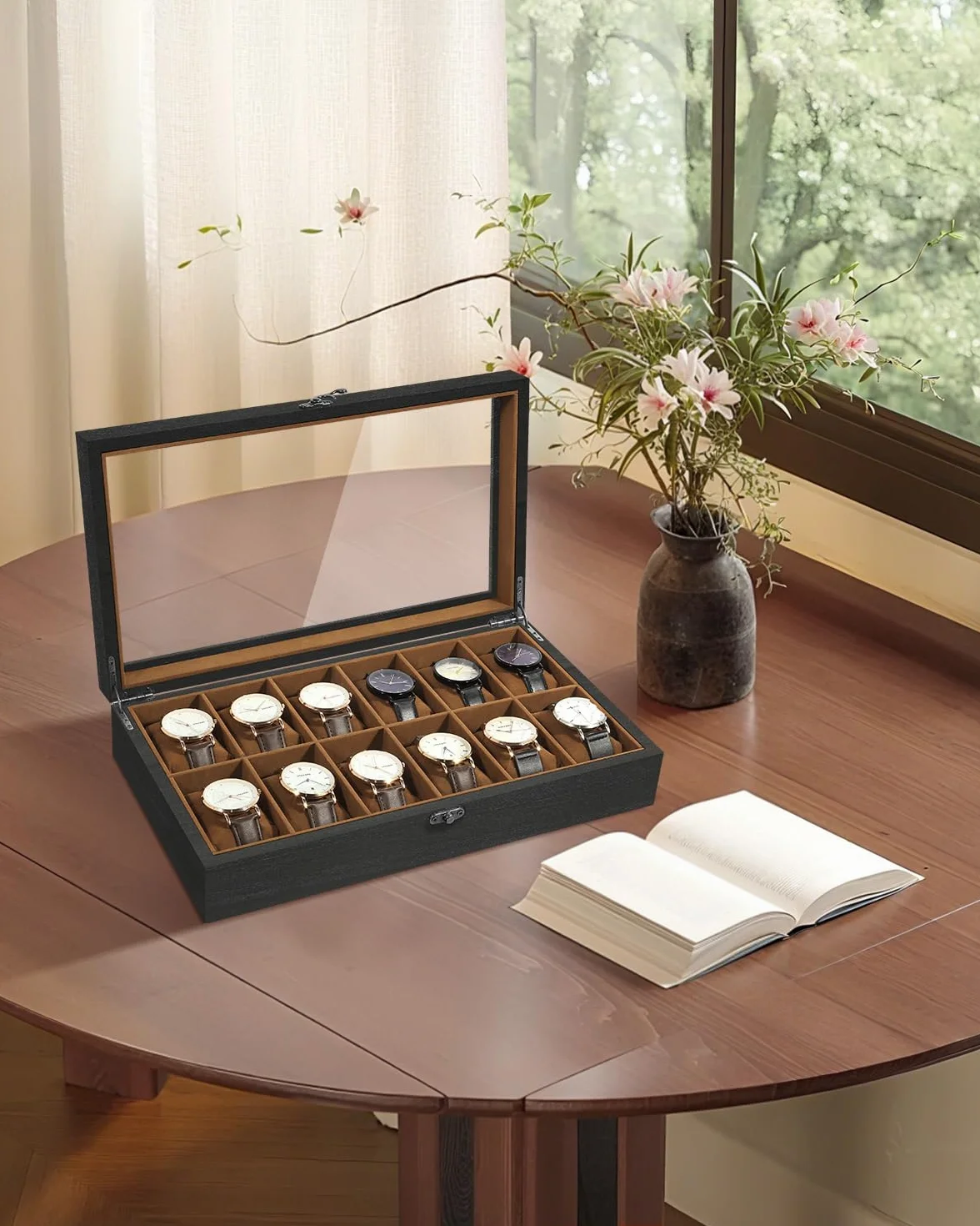 Uten Caja de Relojes con 12 Compartimentos, Caja para Reloje Madera, Tapa de Vidrio y Almohada Algodón Seda, Forro Marrón, para Exhibición y Almacenamiento de Relojes Joyería, Regalo Ideal