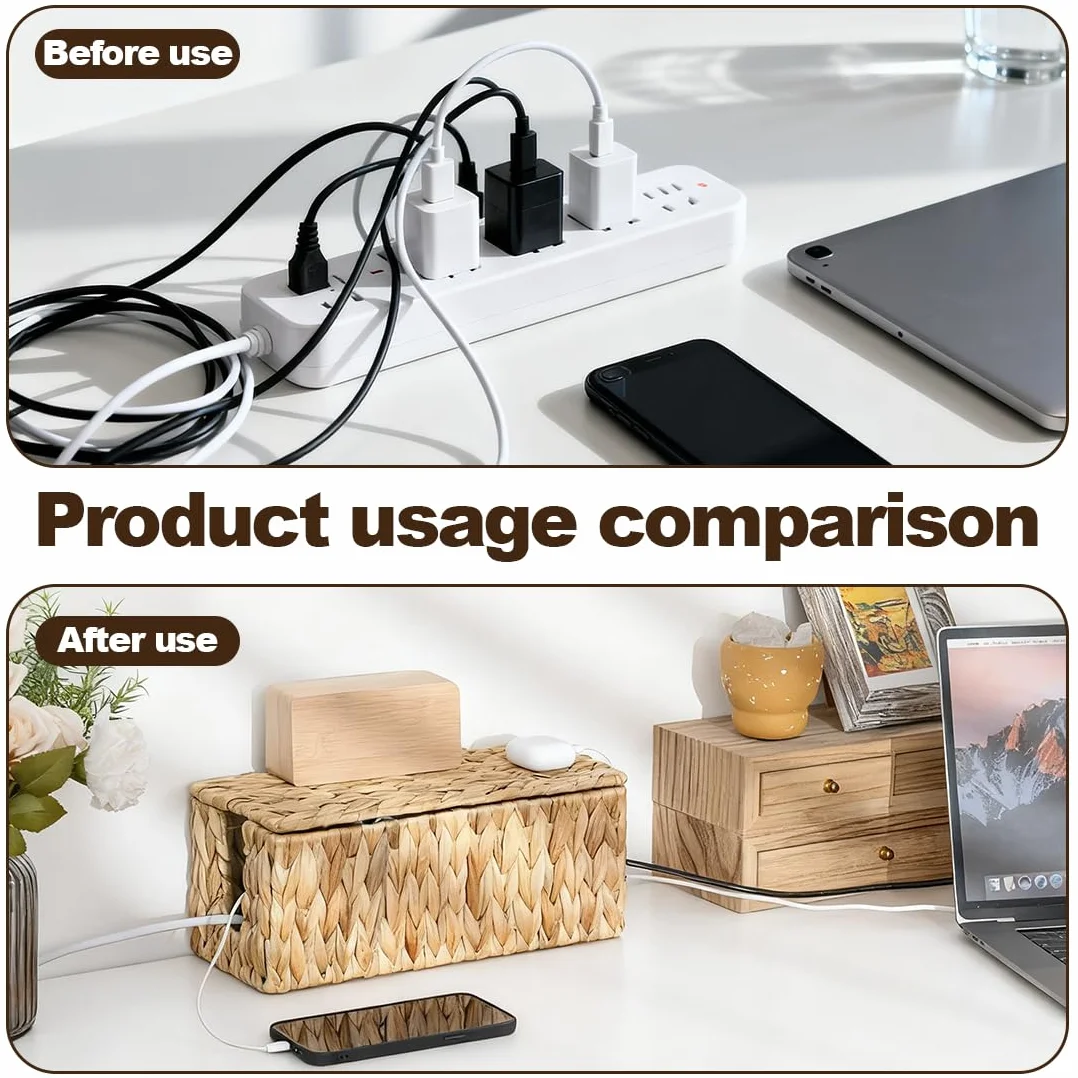 LOMUG Caja de cables de jacinto de agua hecha a mano, caja de cables con regleta con tapa, caja de gestión de cables con apertura lateral para ocultar cables, adecuado para oficina, hogar