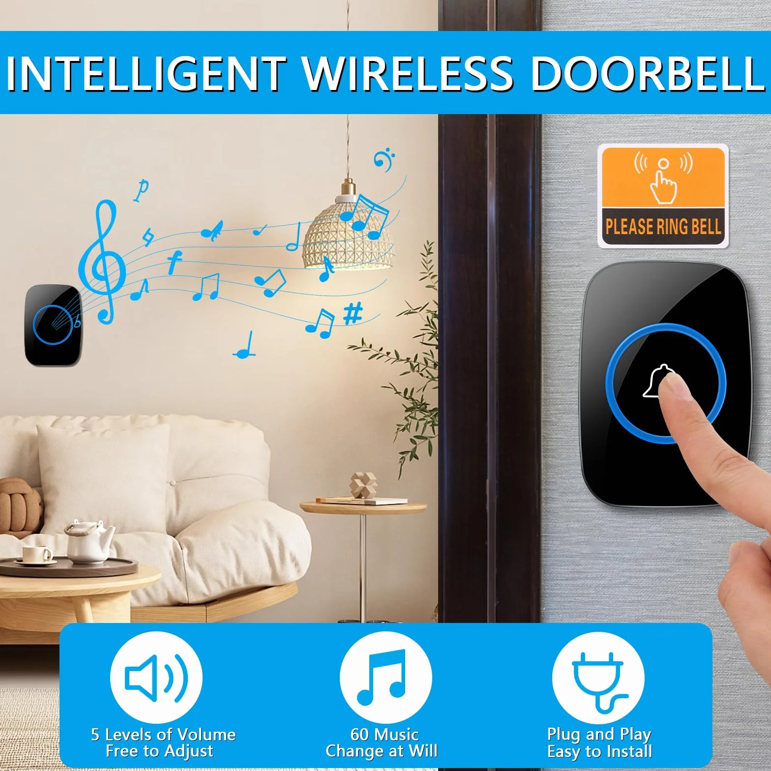 VFANDV Timbre Inalámbrico Exterior Impermeable, IP44 Impermeable Doorbell 300M, Kit de Timbre Inalambrico, 5 Niveles de Volumen y 60 Melodías, Indicador LED para Hogar, Salón, Oficina (Negro)