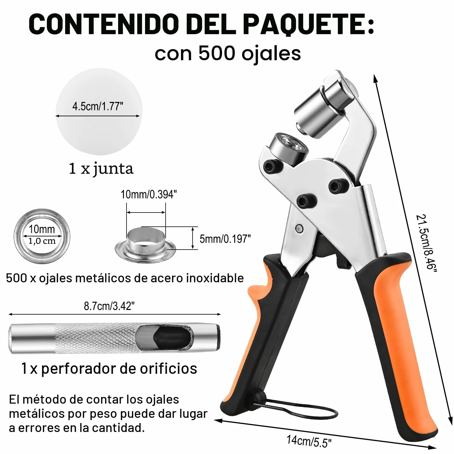 Cieex Juego de Remachadora y 500 Ojales Metalicos - Kit Completo para Ojales para Lonas, Cuero, PVC - Remachadora Ojales con Sujetador Magnético y Punzón