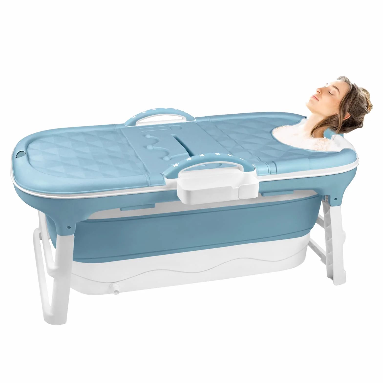 HENGMEI Bañera plegable para adultos, 112 x 62 x 52 cm, bañera portátil con cubierta, rodillos de masaje y bandeja para bañera, azul y verde