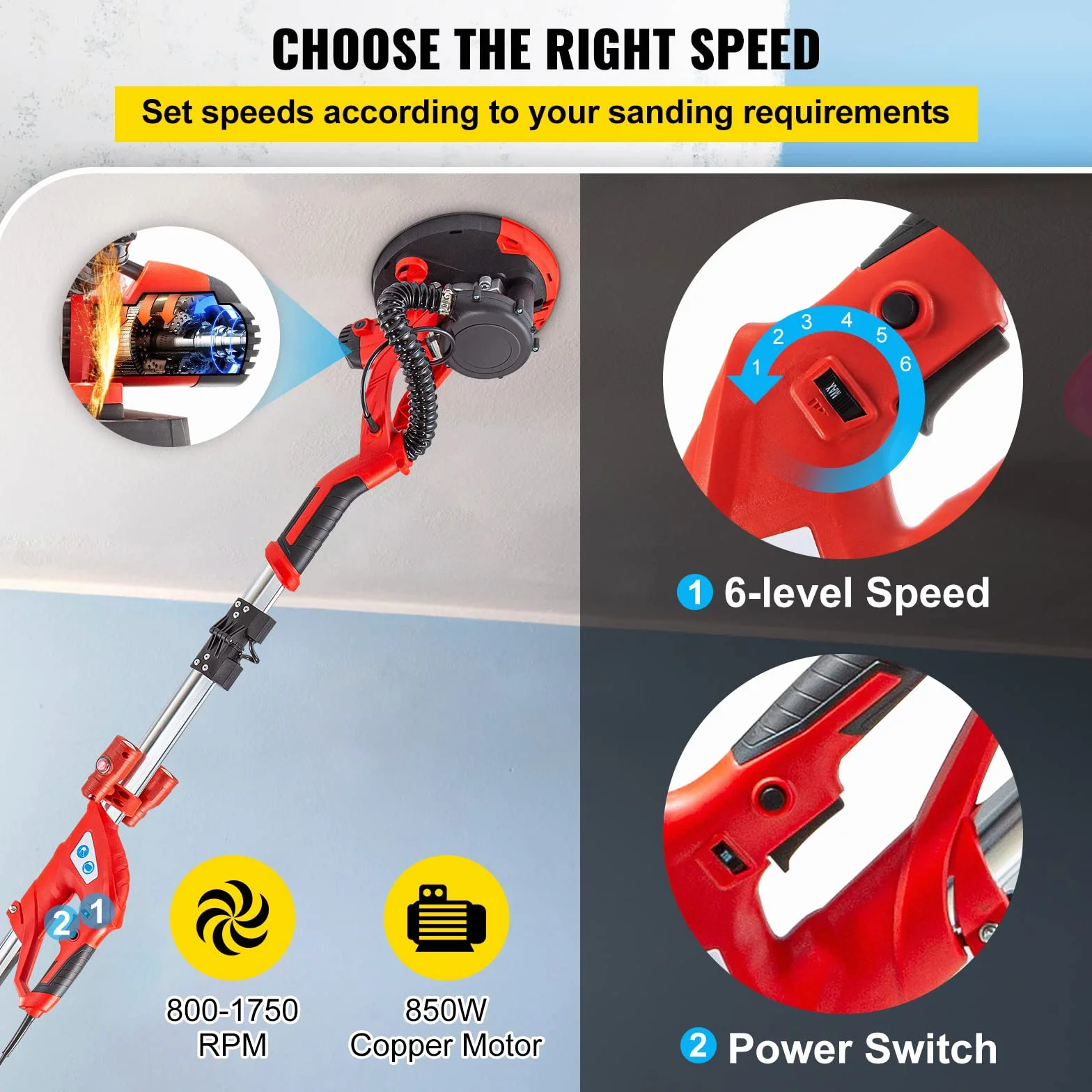 Mophorn Lijadora de Pared 750W, Pulidora de Obra Seca 750W, Lijadora Telescópica para Paredes y Techos, Lijadora Jirafa, Ideal para Lijar Techos y Paredes, Plegable con Luz LED y Bolsa de Vacío
