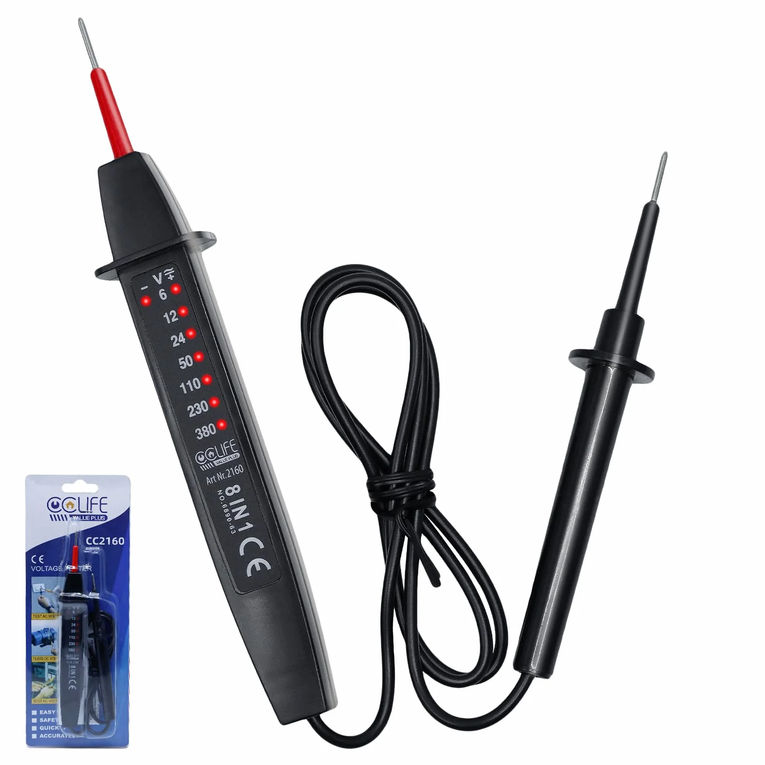 CCLIFE Probador de Tensión Bipolar 6-380V AC/DC con Pantalla LED – Test de Fase Robusto y Ergonómico (sin batería)