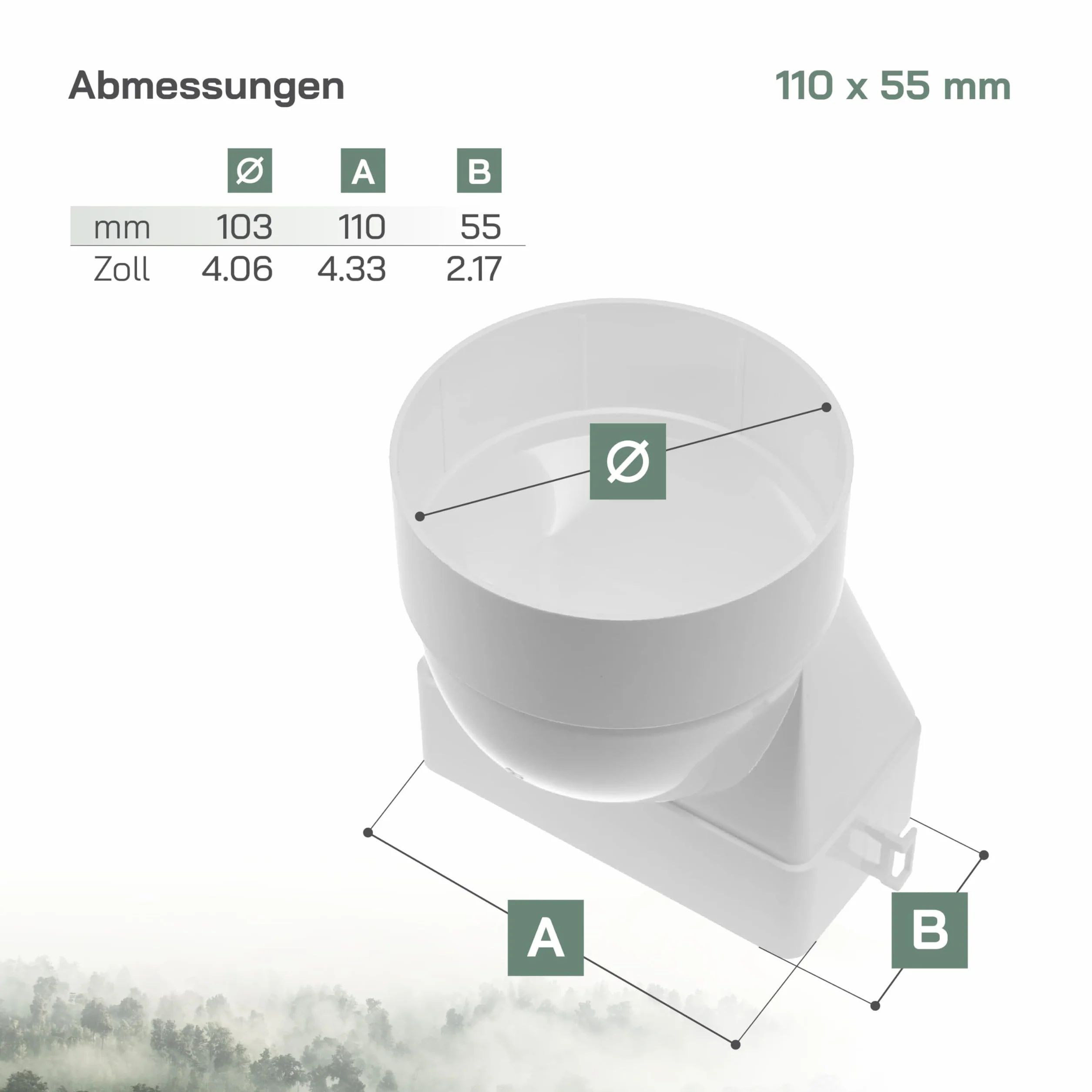 Sistemas de Ventilación conector rectangular plano de 110 x 55 mm a conducto redondo de Ø100 mm con entrada corta horizontal de tubería, acoplamiento de salida - para calefacción y refrigeración