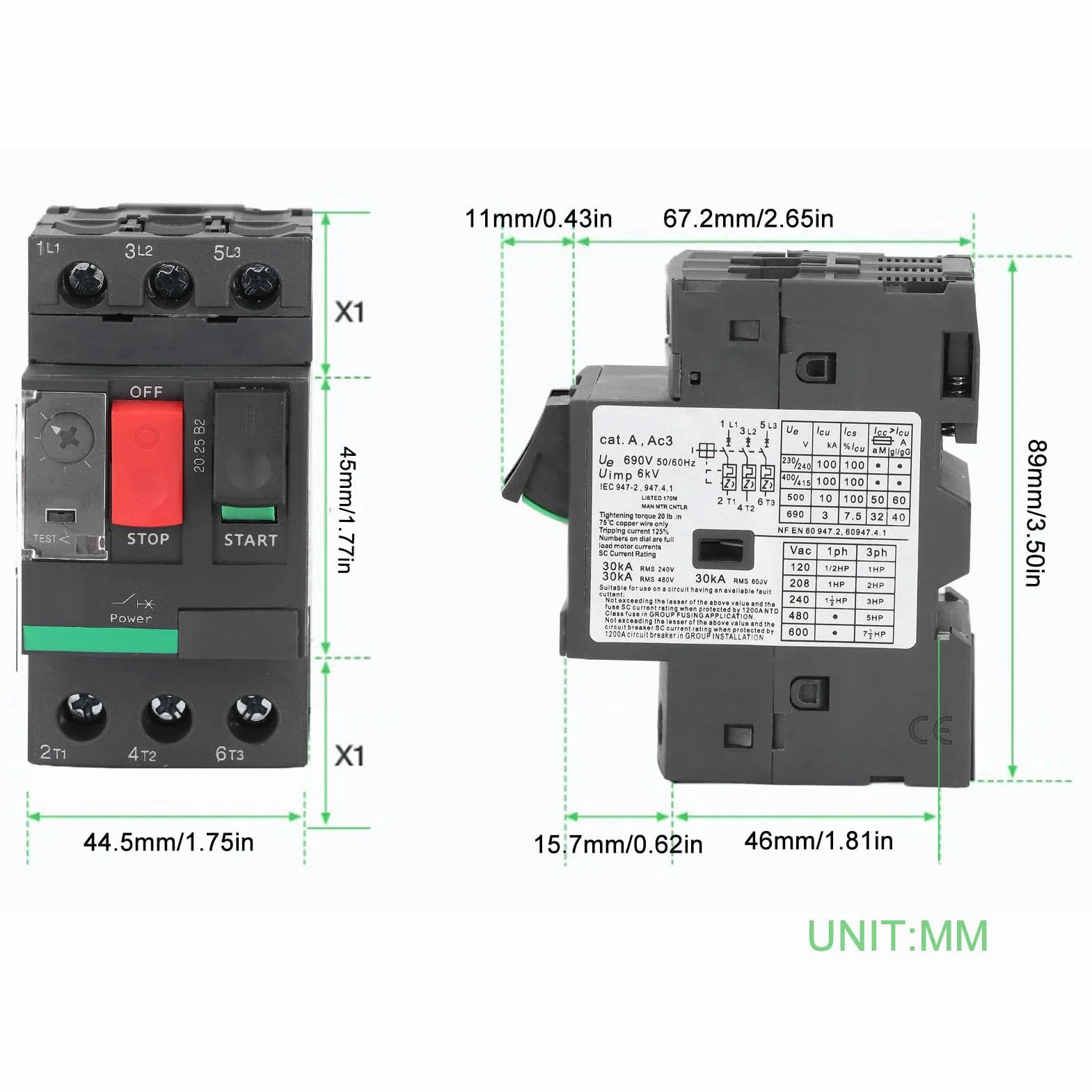 Disyuntor de Motor de 2,5 A 4 A, Interruptor Protector de Circuito con Control de Botón, Montaje en Riel de 35 Mm, para Cargas Resistivas, Capacitivas e Inductivas