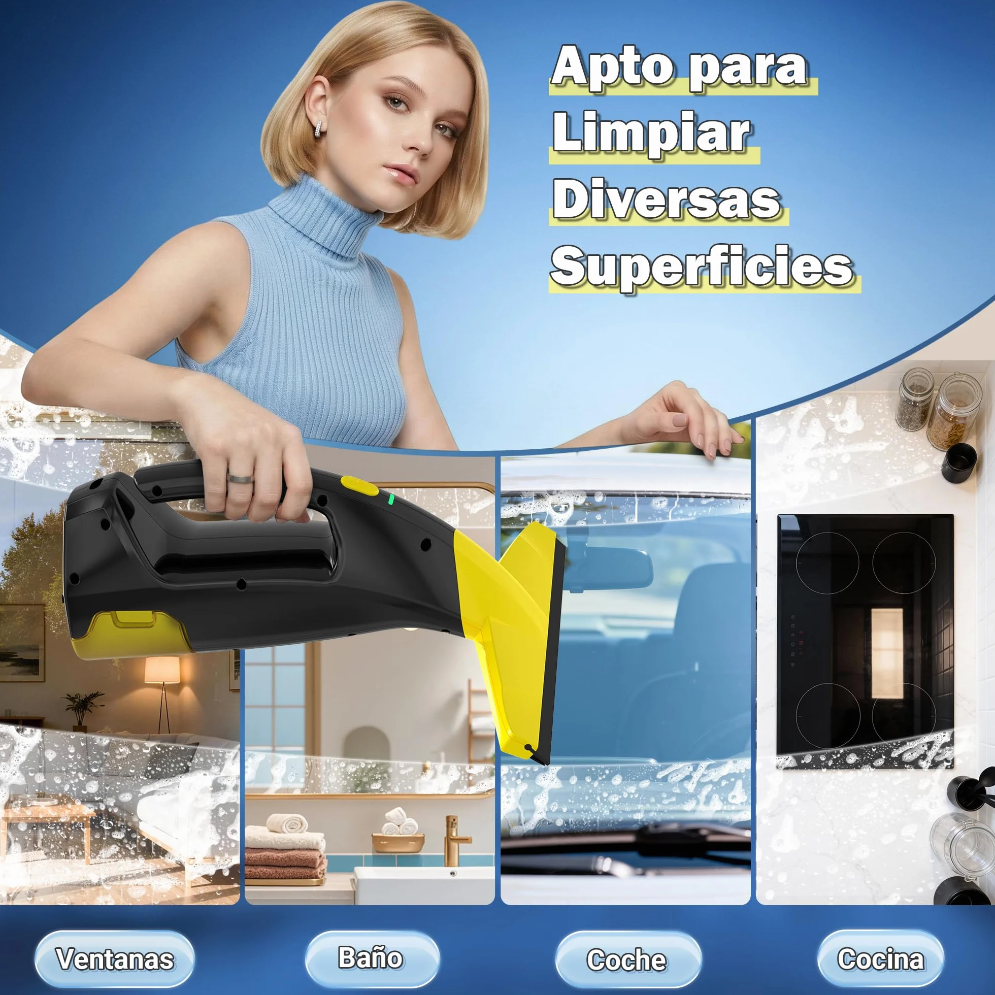 EAVE Limpiacristales Electrico, Set Limpiacristales con 45min de Autonomía, Limpia Cristales Electrico Ventanas con Boquilla de 28cm y Depósito de 200ml, Apto para Ventanas y Espejos (amarillo)