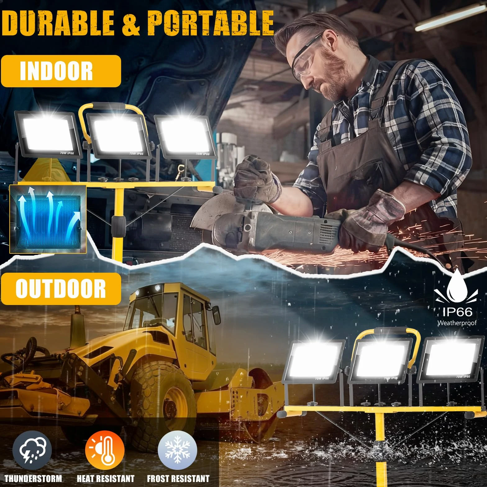 210W Foco led Trabajo con Trípode, 21000LM 6500K Lámpara de Trabajo con Cable de 5m Interruptor Individual, IP66 Lámpara Impermeable para Obras/Talleres/Garajes Altura Ajustable 200cm