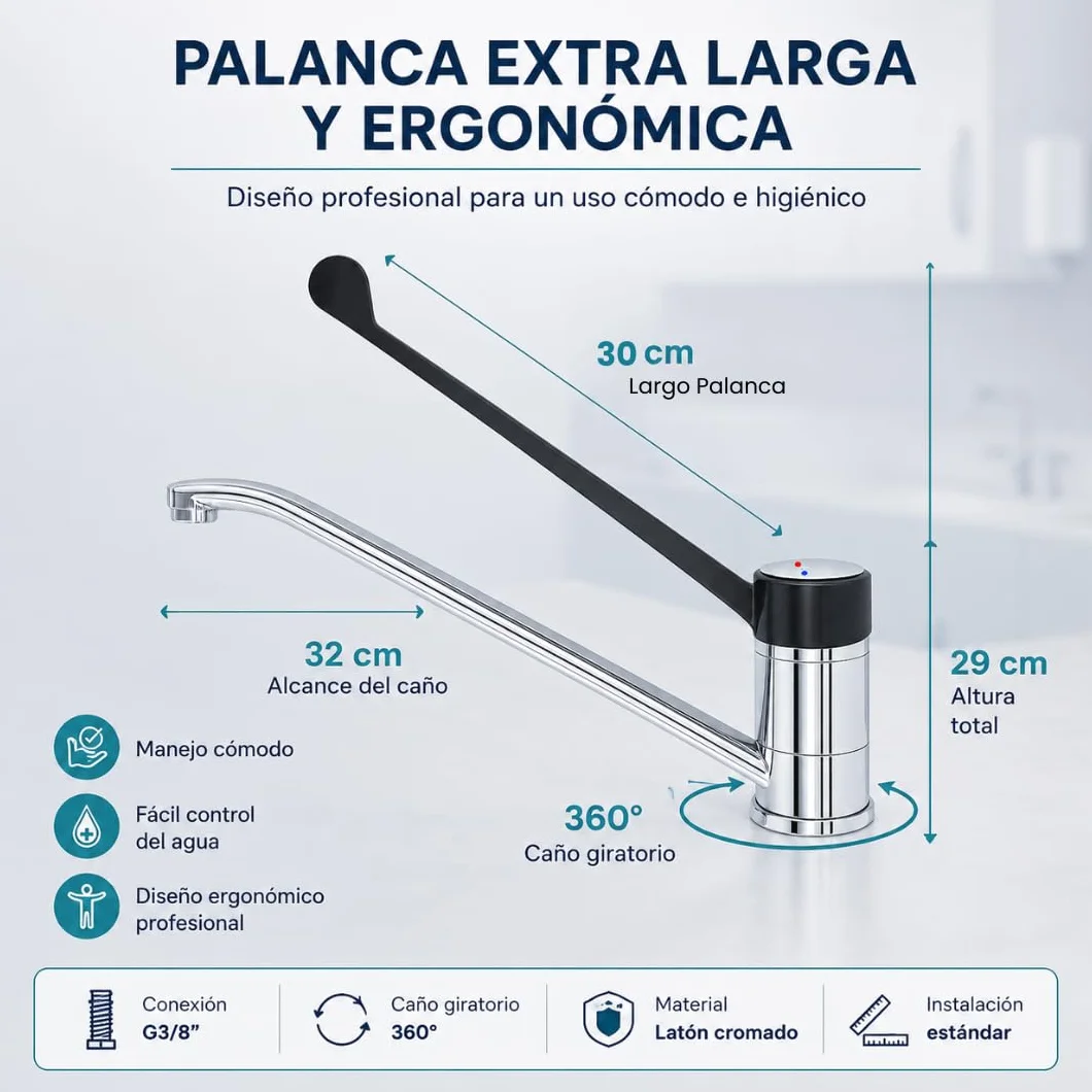 GOLDMAN SERVICE | Grifo de Codo Gerontológico Monomando, Palanca Larga 30 cm, Caño 360°, Grifo Sanitario e Higiénico para Hospitales, Clínicas, Laboratorios y Cocina Profesional