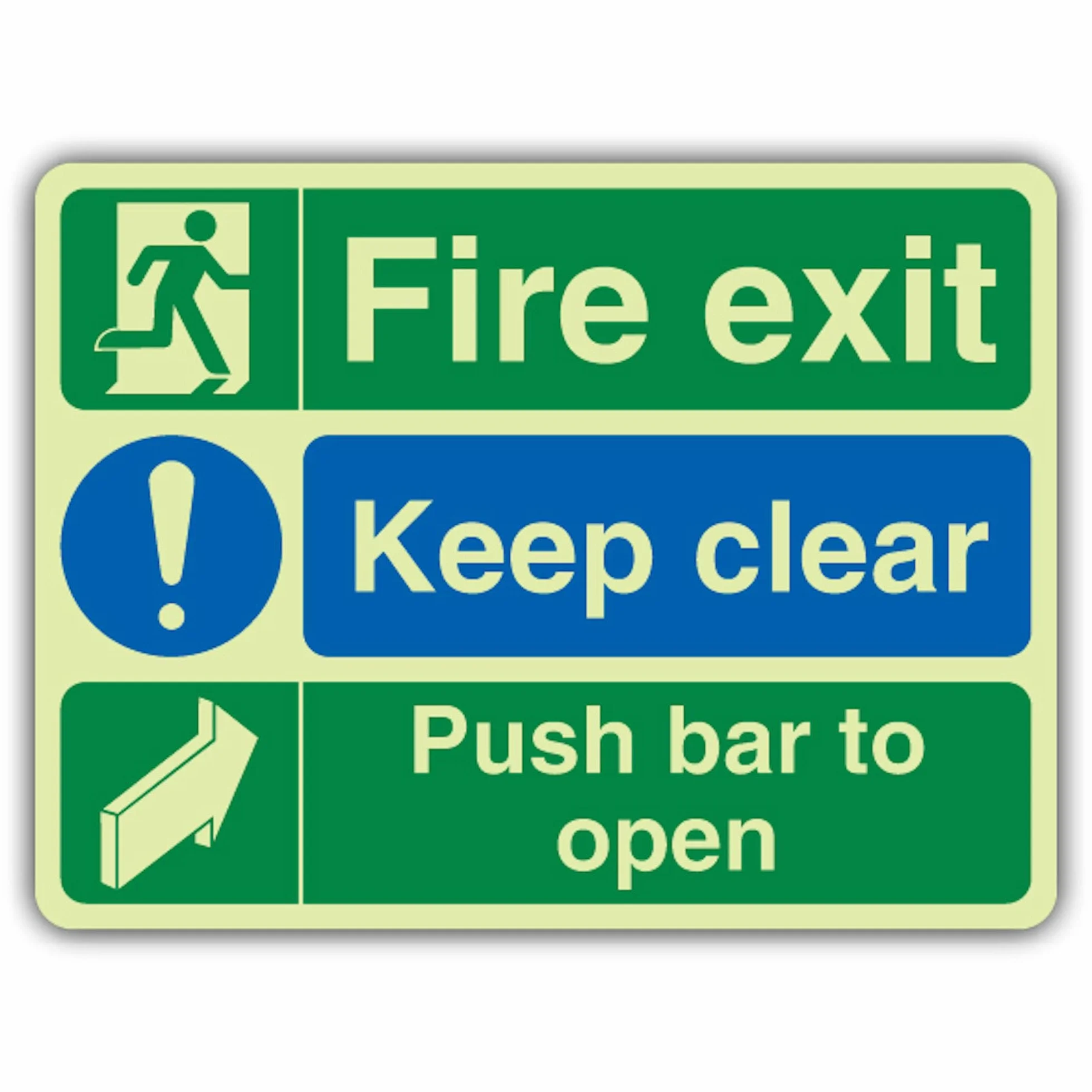 V Safety - Señal de salida de incendios que brilla en la oscuridad - Keep Clear - Barra de empuje para abrir - 600 x 450 mm - Hecho de plástico rígido de doble brillo - Señalización de seguridad