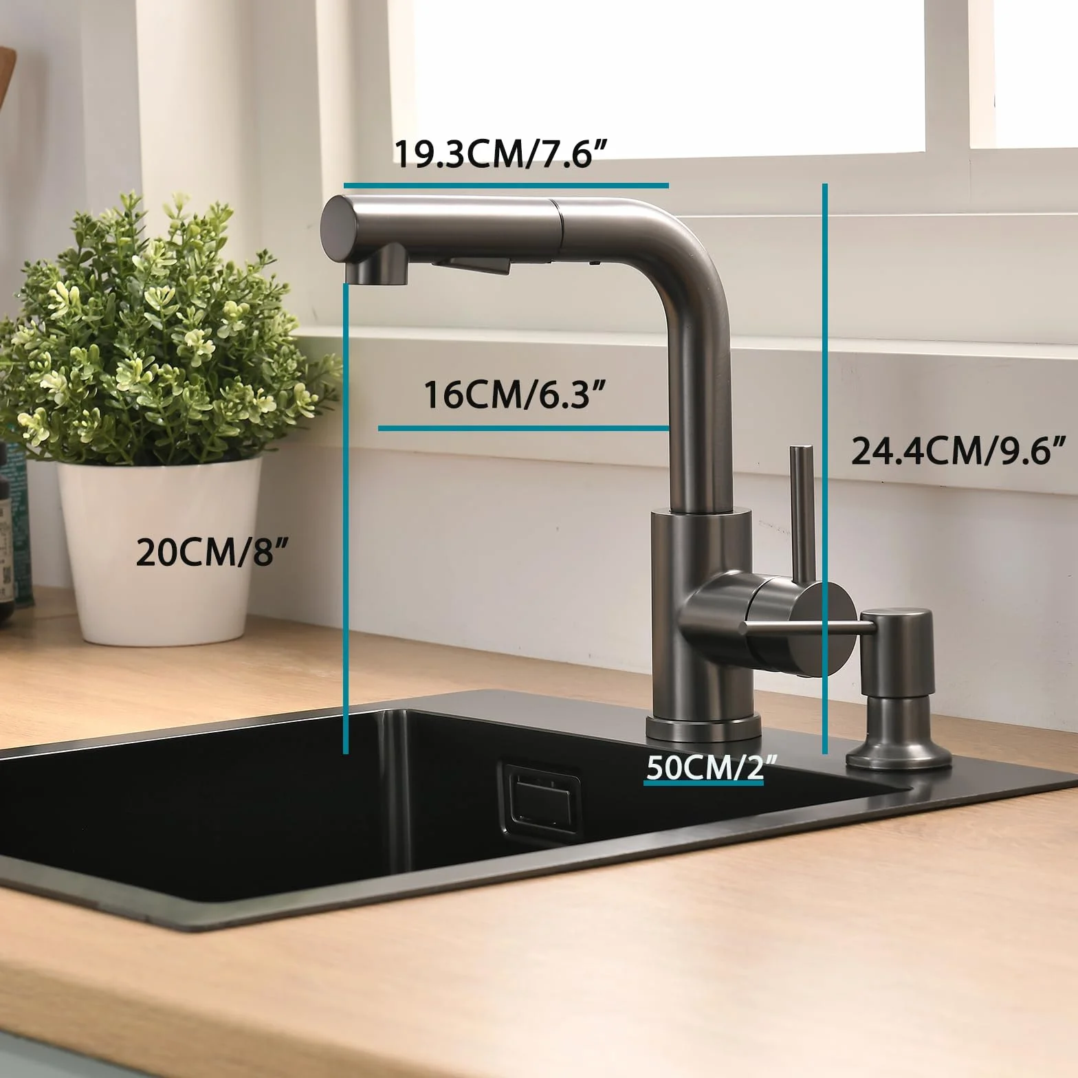 Fregadero de acero inoxidable 40 x 45 cm antracita + grifo de cocina extensible, juego completo de fregadero de cocina BoomHoze cuadrado empotrable pequeño para armario bajo de 40 cm