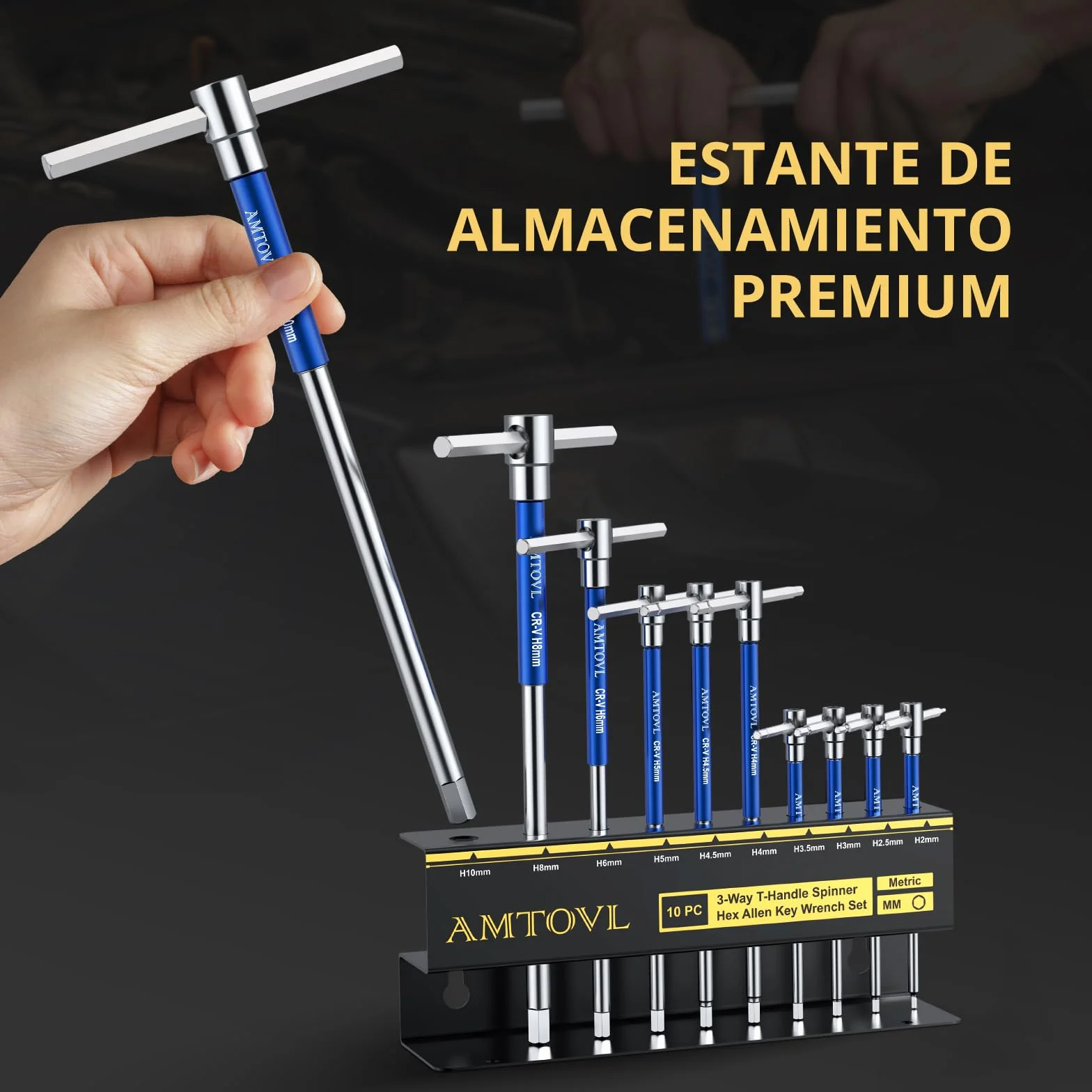 AMTOVL Juego de 10 Llaves Allen Hexagonales con Mango en T,Llaves Allen Métrica on Mango T 2mm-10mm para Mantenimiento de Vehículos,Juego de 10 Piezas con Caja de Almacenamiento