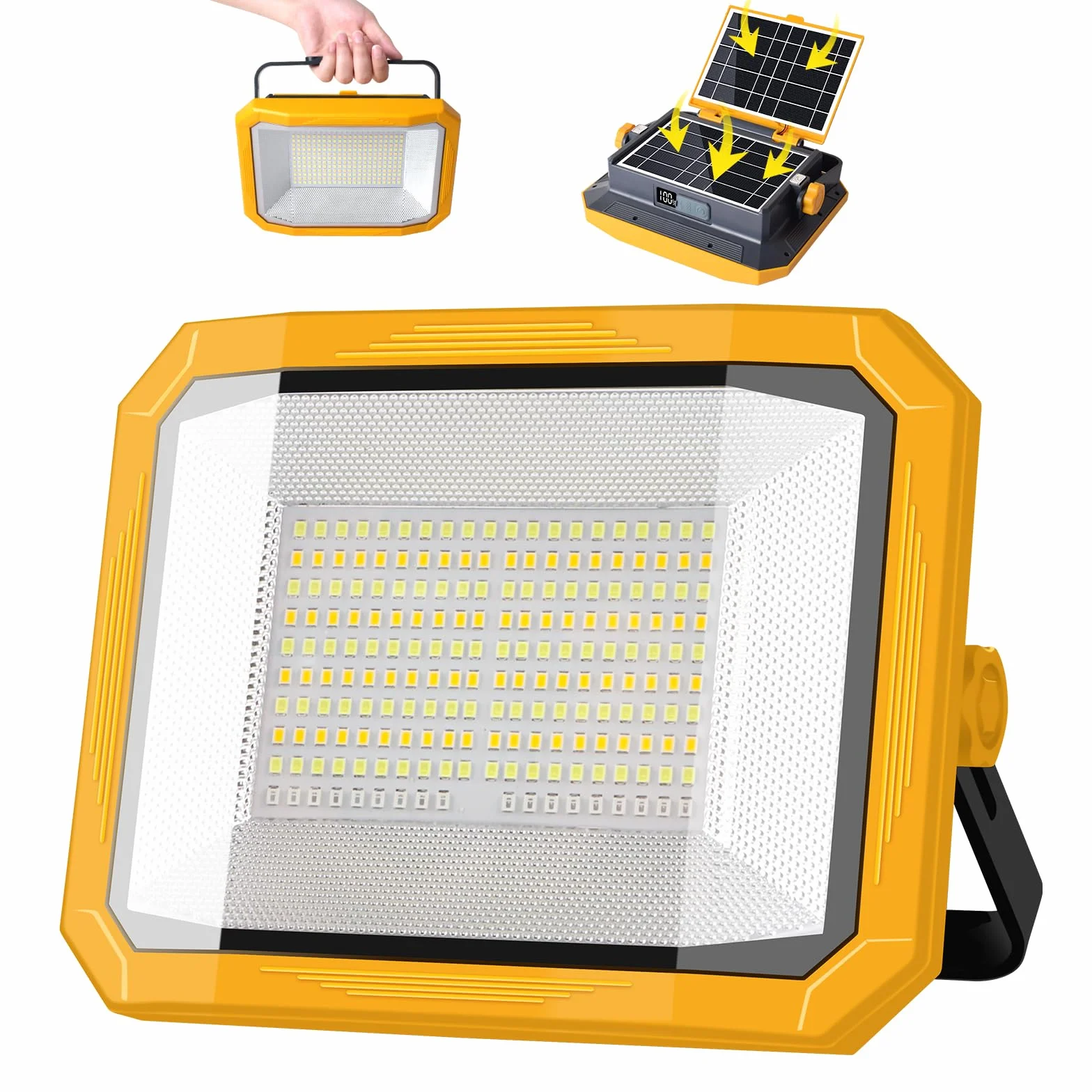 Foco Led Recargable 100W, Luz de Trabajo Portátil 12000LM Super Brillante 13000mAh con Panel Solar, 4 Modos de Luz, 2 Panel solar, Lámpara de Camping Portátil para Cortes de Energía, Camping