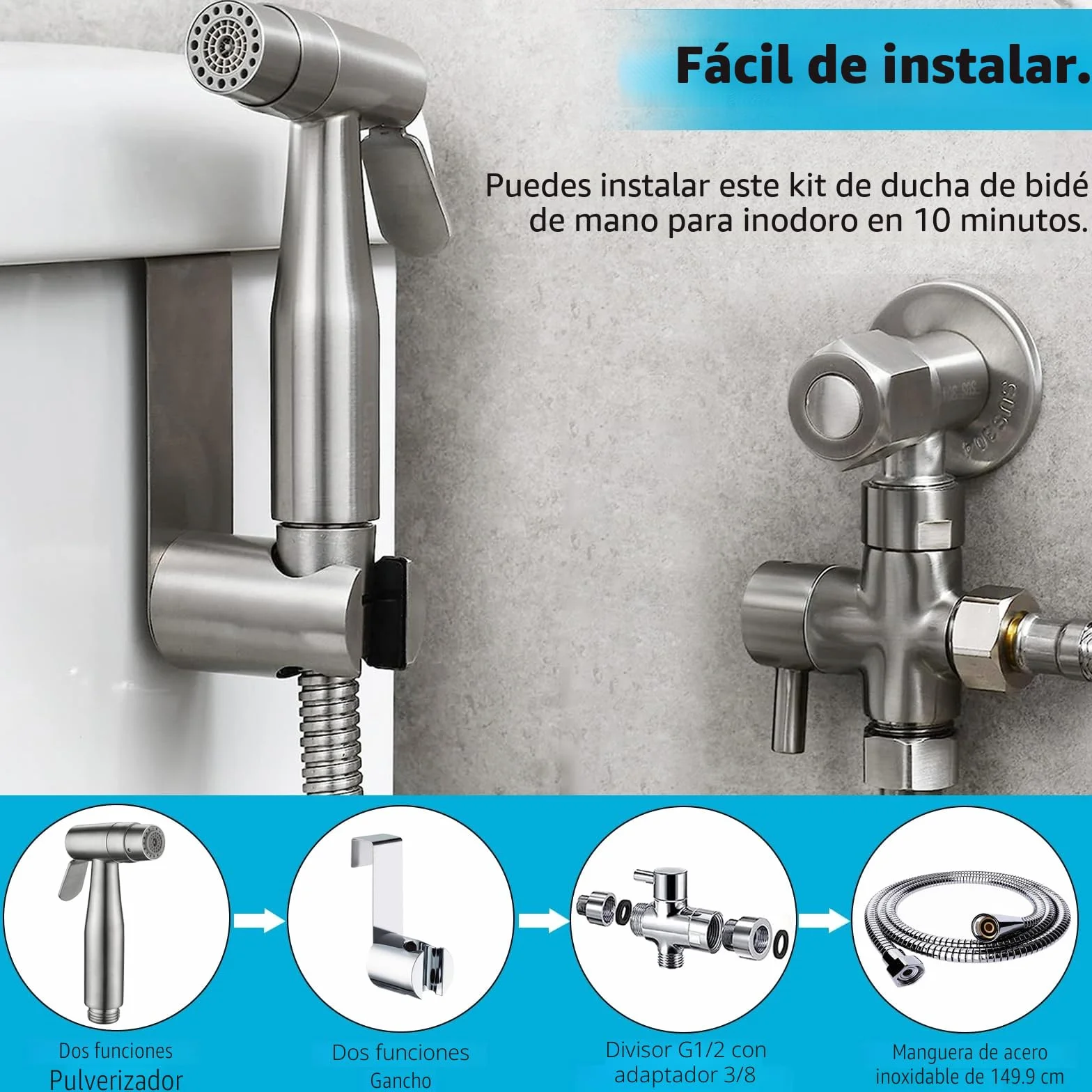 Bidet Handbrause Set Edelstahl Doppelfunktion mit G1/2" T Ventil G3/8" Adapter für Dusche Badezimmer