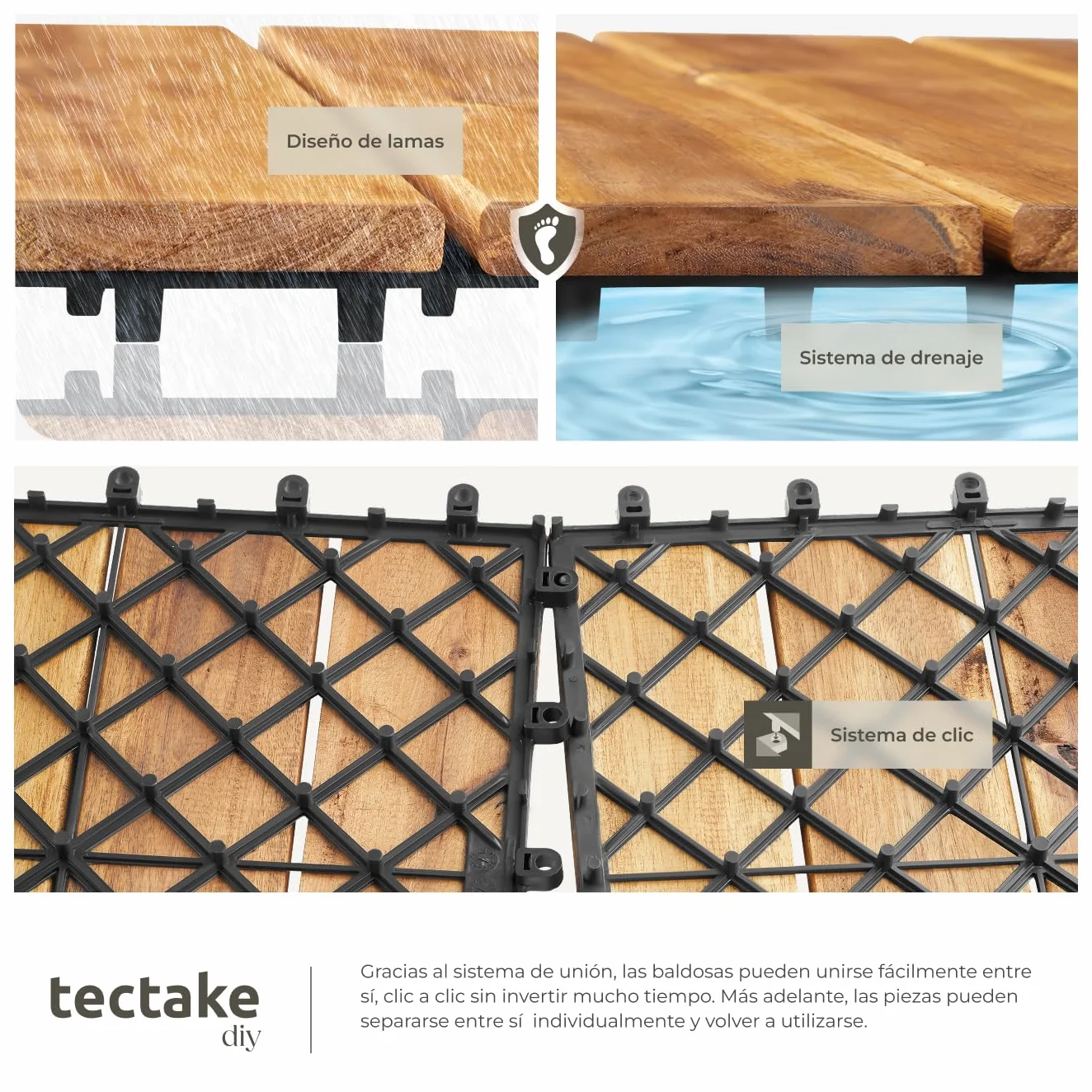 tectake® Set 40x Baldosas Jardín Exterior con 4 Tablones Madera de Acacia, 31 x 31 cm, Suelo Jardín con Base de Rejilla y Drenaje, Montaje Sistema Clic, Área 1,922 m2- Madera