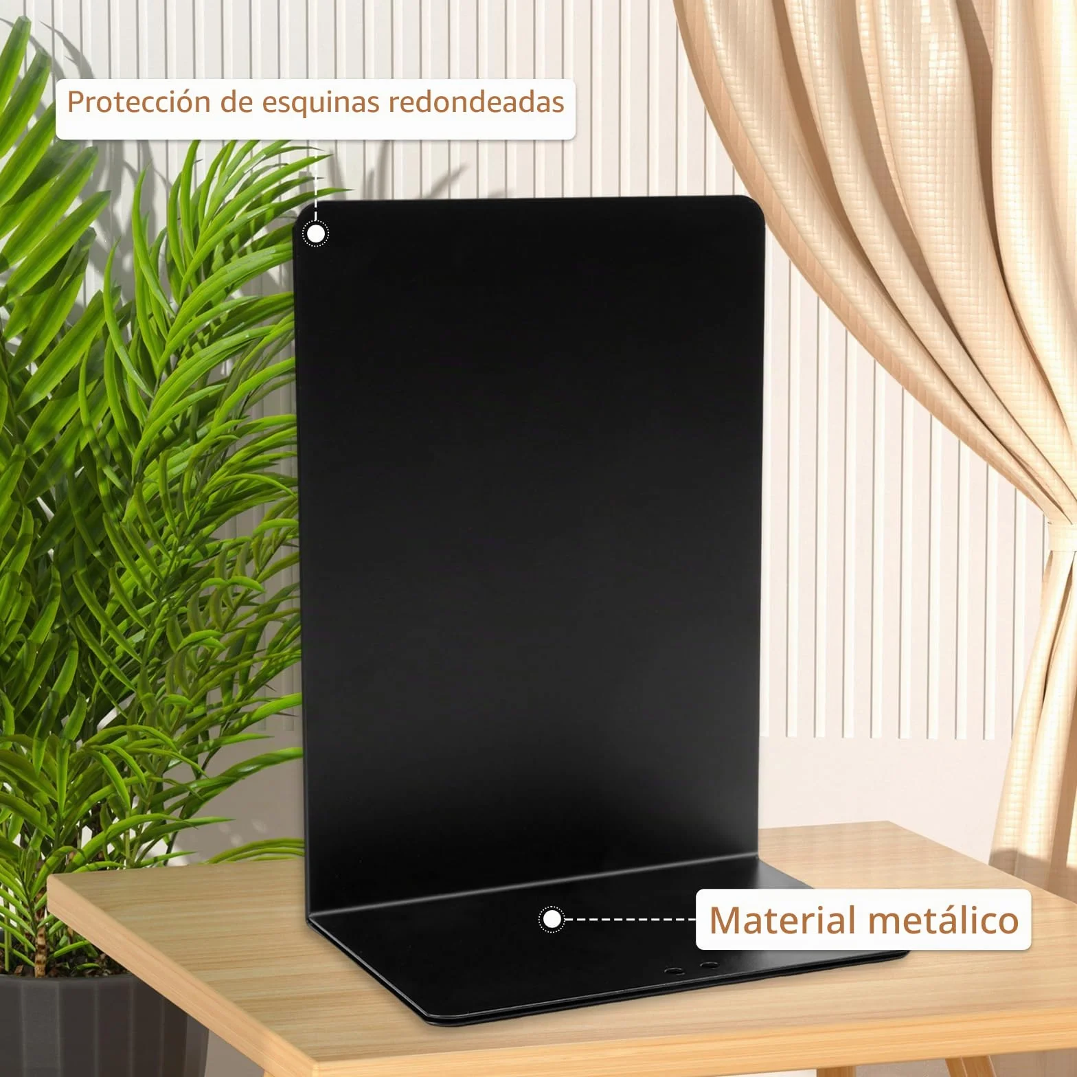 Sujetalibros de Metal Negro 19.5x13.5x10cm con Alfombrilla Antideslizante 6 Piezas