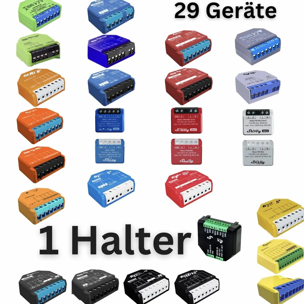 Soporte de montaje Printtastisch compatible con 42 modelos de relé Shelly – Plus 1, 1PM, 2PM, Mini, Gen3, Gen4, i4 DC, Regulador, RGBW2, Wave, EM, AddOn, DALI, Persiana – WAGO 221, PETG, 4 unidades