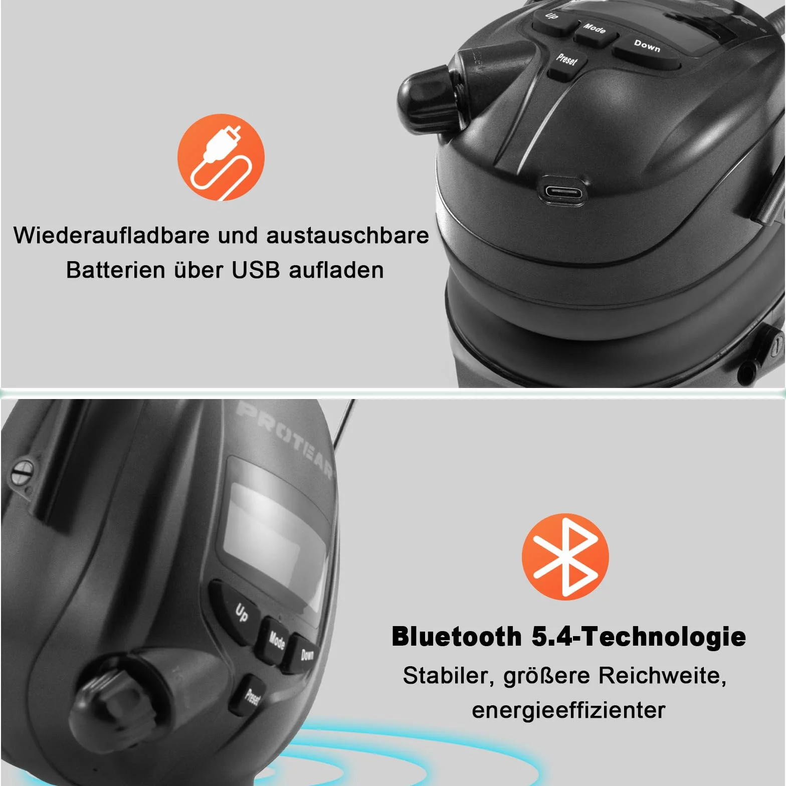 Protección auditiva con radio DAB+ FM Bluetooth 5.2 orejeras seguridad batería litio SNR 30 dB