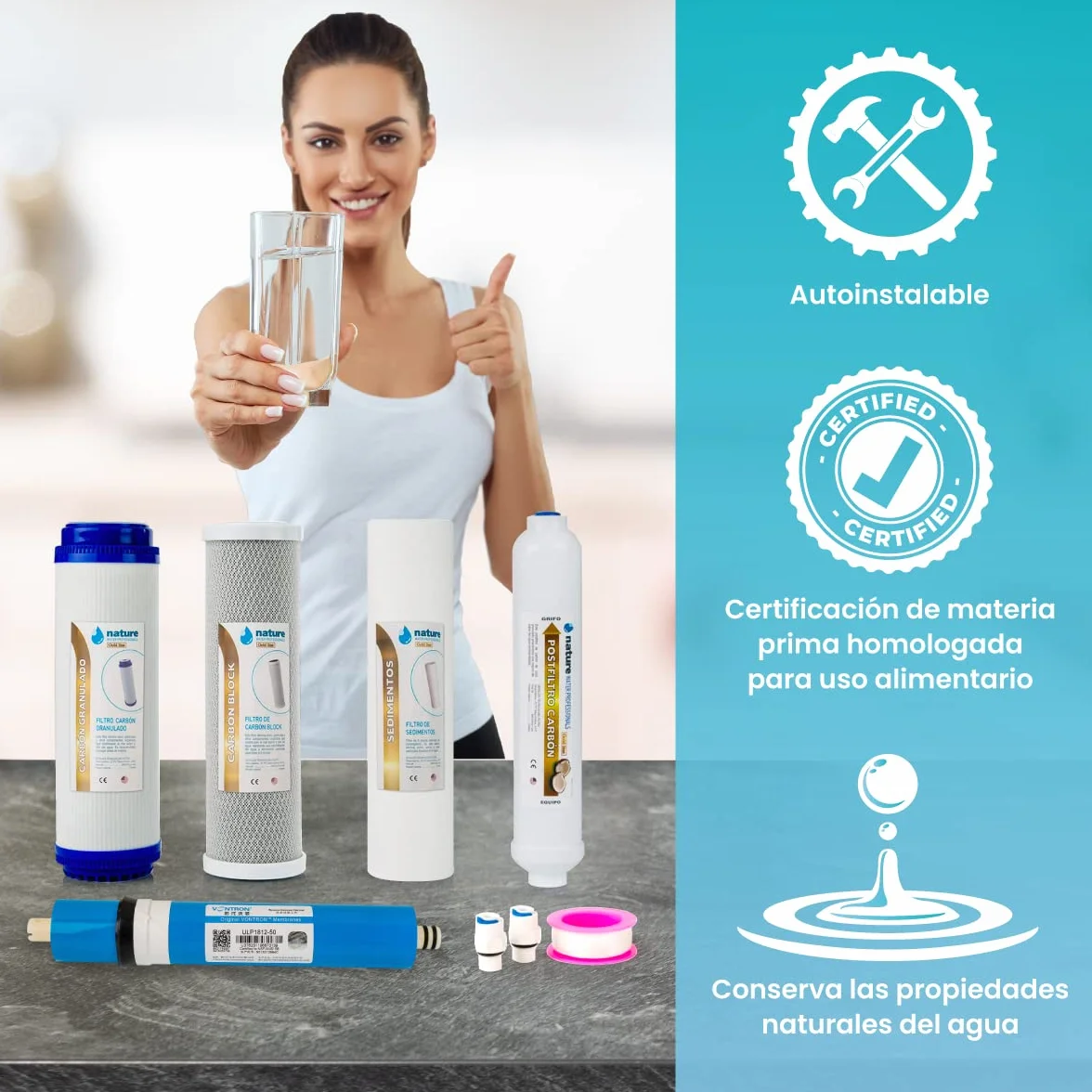 Kit de 4 Filtros Universales para Osmosis Inversa - Incluye Membrana Vontron y Rollo de Teflón - Ideal para Equipo de 5 Etapas Universal - 50GPD - Nature Water Professionals