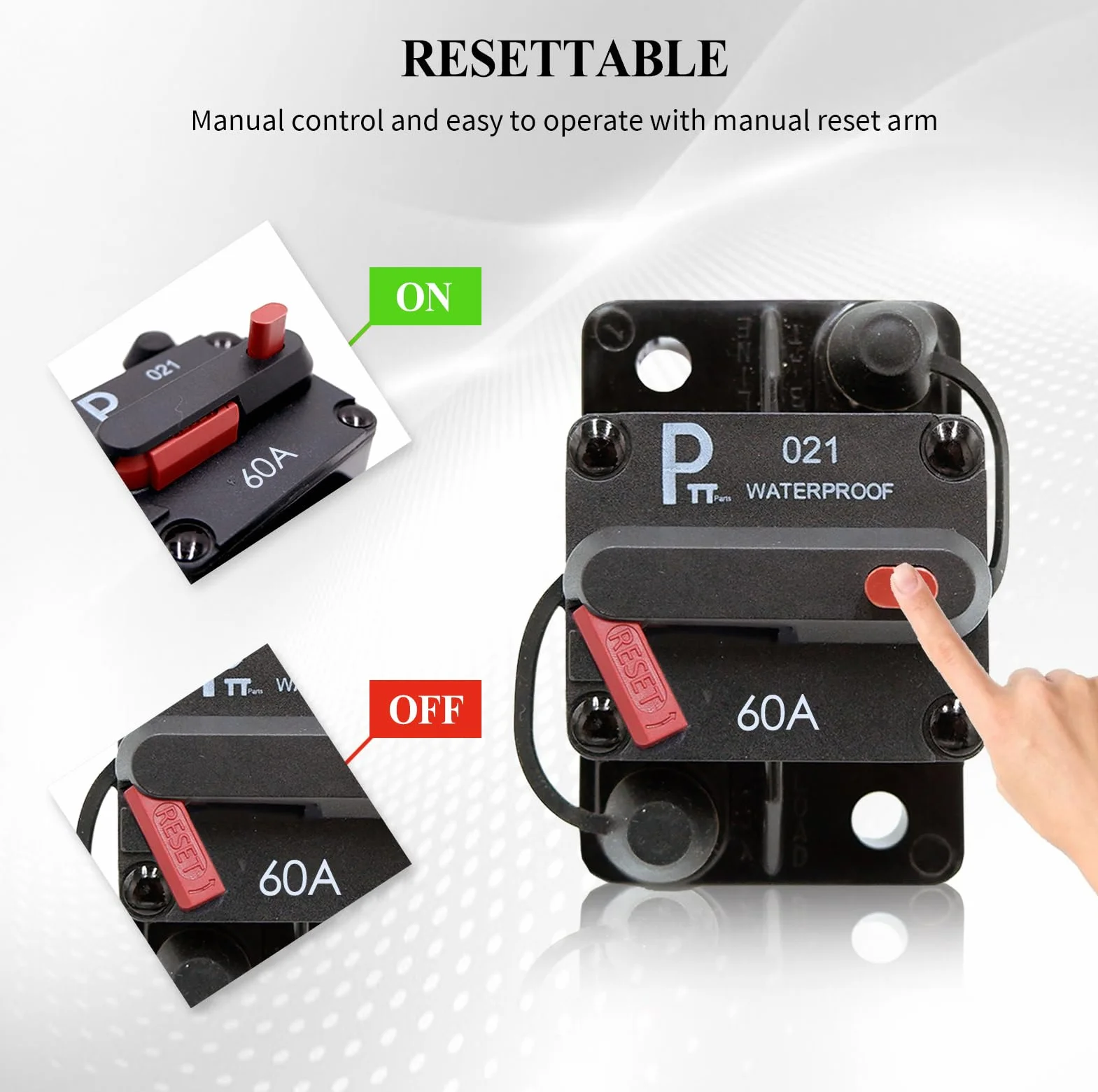 Disyuntor 60A 12–48V DC impermeable IP67 con LED indicador, desconectador de batería con reinicio manual y pernos 1/4", para coche, camper/RV, barco y sistema solar