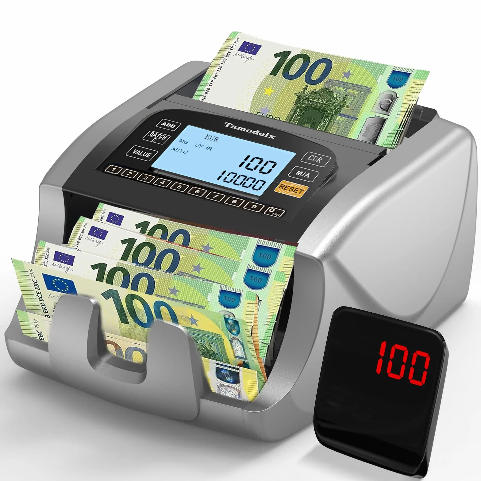 NX270 Contador de Billetes Máquina Contadora de Efectivo en Euro y USD y GBP con LCD Grande y Pantalla Externa para Pequeñas Empresas, No cuenta montos mixtos