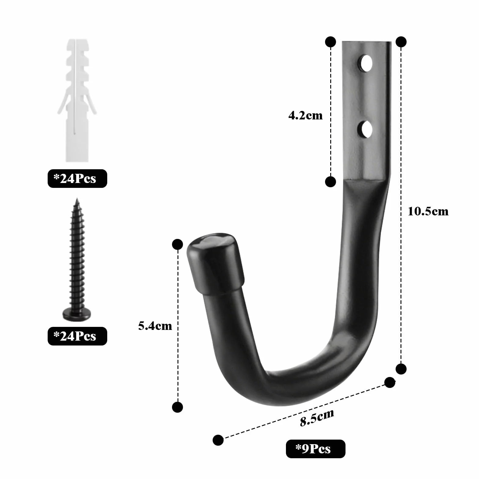 9 Pcs Gancho Pared de Garaje Resistentes, Ganchos para Colgar Alto Rendimiento en Forma J, Gancho Soporte Bicicletas Pared Antideslizante para Herramientas Eléctricas Escaleras, Negro