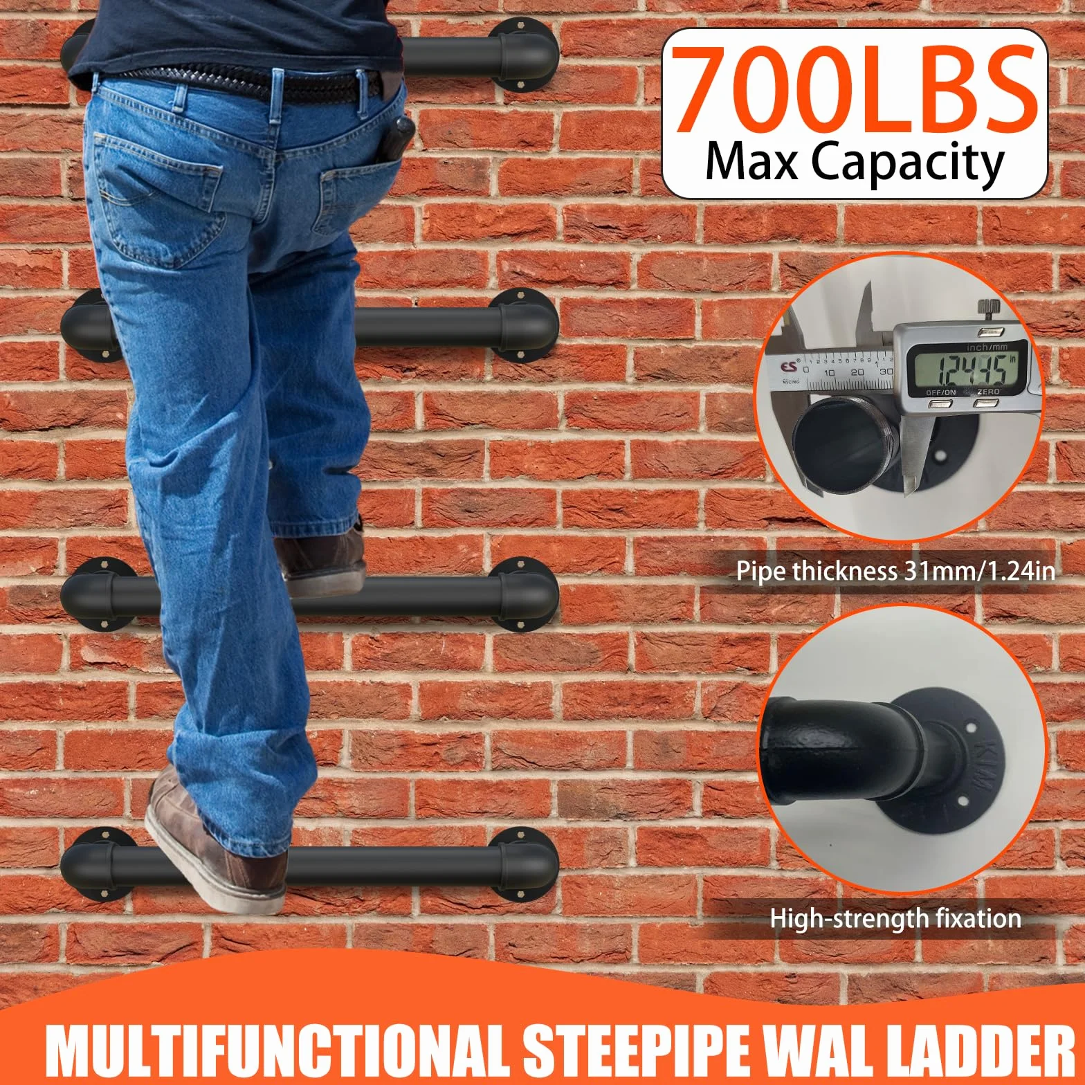 Escalera montada en la pared, 1 peldaño de acero, paquete de 6 para escape de emergencia y acceso a buhardilla, capacidad de 318 kg, acabado negro para todo tipo de clima, con pernos de expansión para