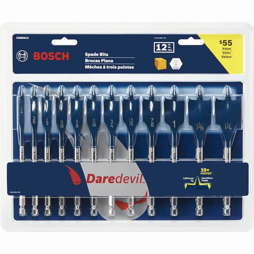 BOSCH DSB5012 - Juego surtido de 12 puntas de pala Daredevil, vástago hexagonal de 1/4 pulgadas, ideal para aplicaciones de perforación rápida en madera