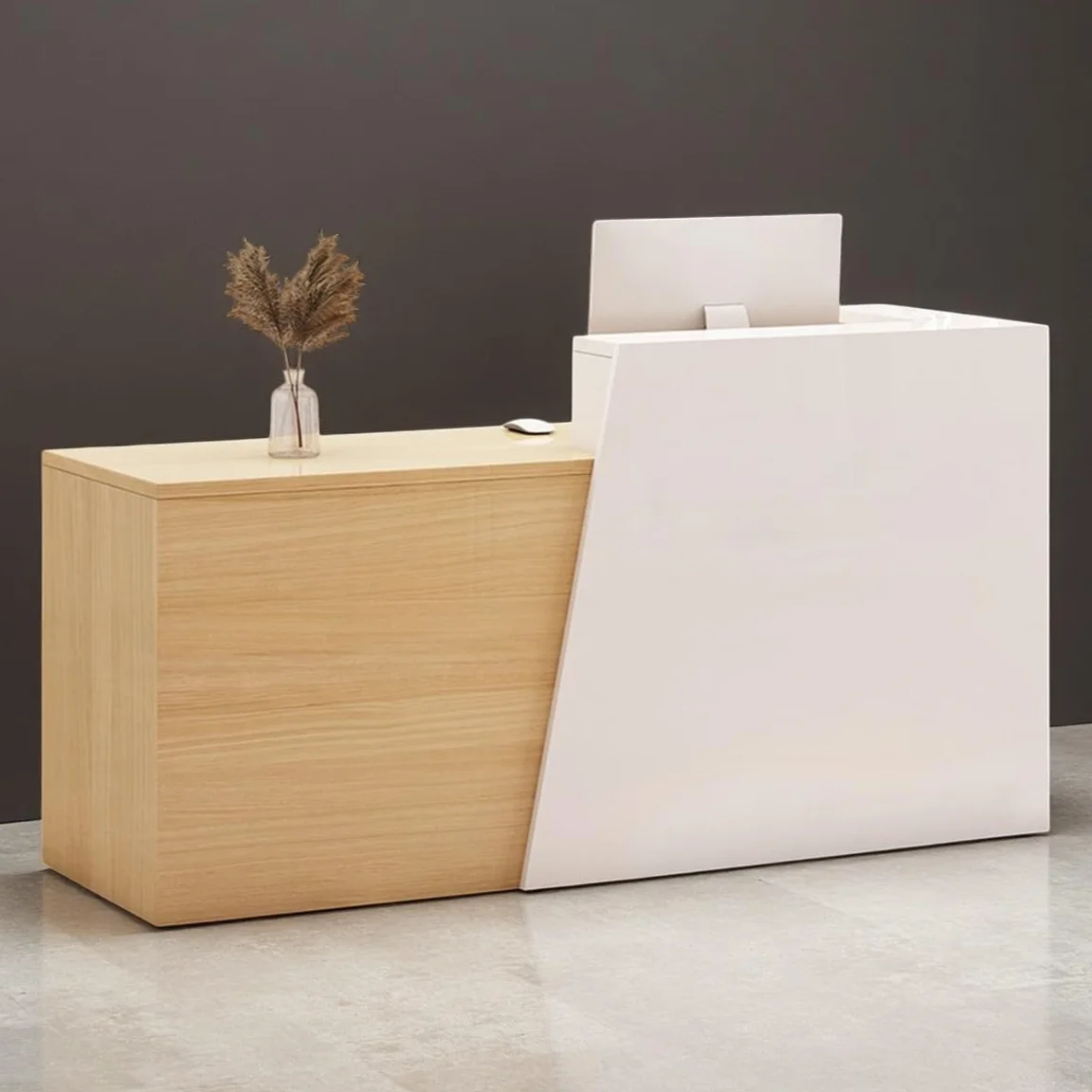 Mesa de Recepción con Casilleros de Almacenamiento 80-200CM Mostrador de Pago Moderno White+Wood Left Corner 160x42x100cm