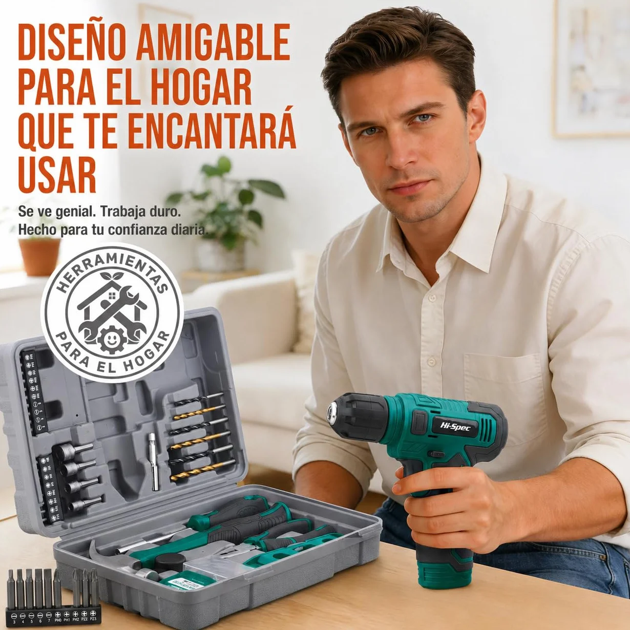 Hi-Spec Kit Herramientas Casa Multiusos Color Verde, Caja Herramientas con Atornillador Eléctrico Inalámbrico 8V, Maletín Portátil para Bricolaje Doméstico
