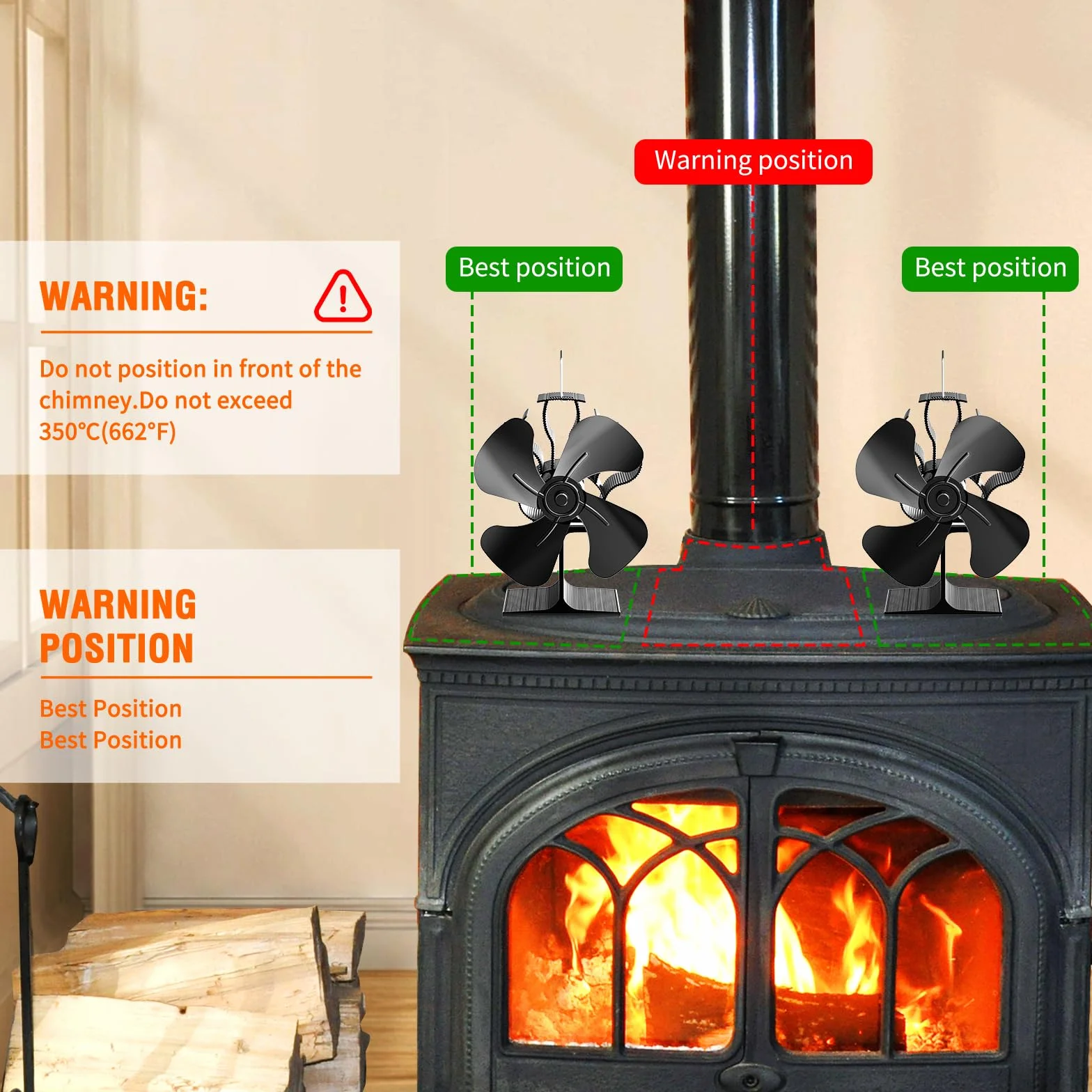 Ventilador-de-Chimenea-Ventilador-de-estufa,Silencioso Alimentado Ventiladores chimeneas,Energía Térmica,Distribución Eficiente del Calor,para Estufa de Leña,Estufas de Pellets (4 hojas)