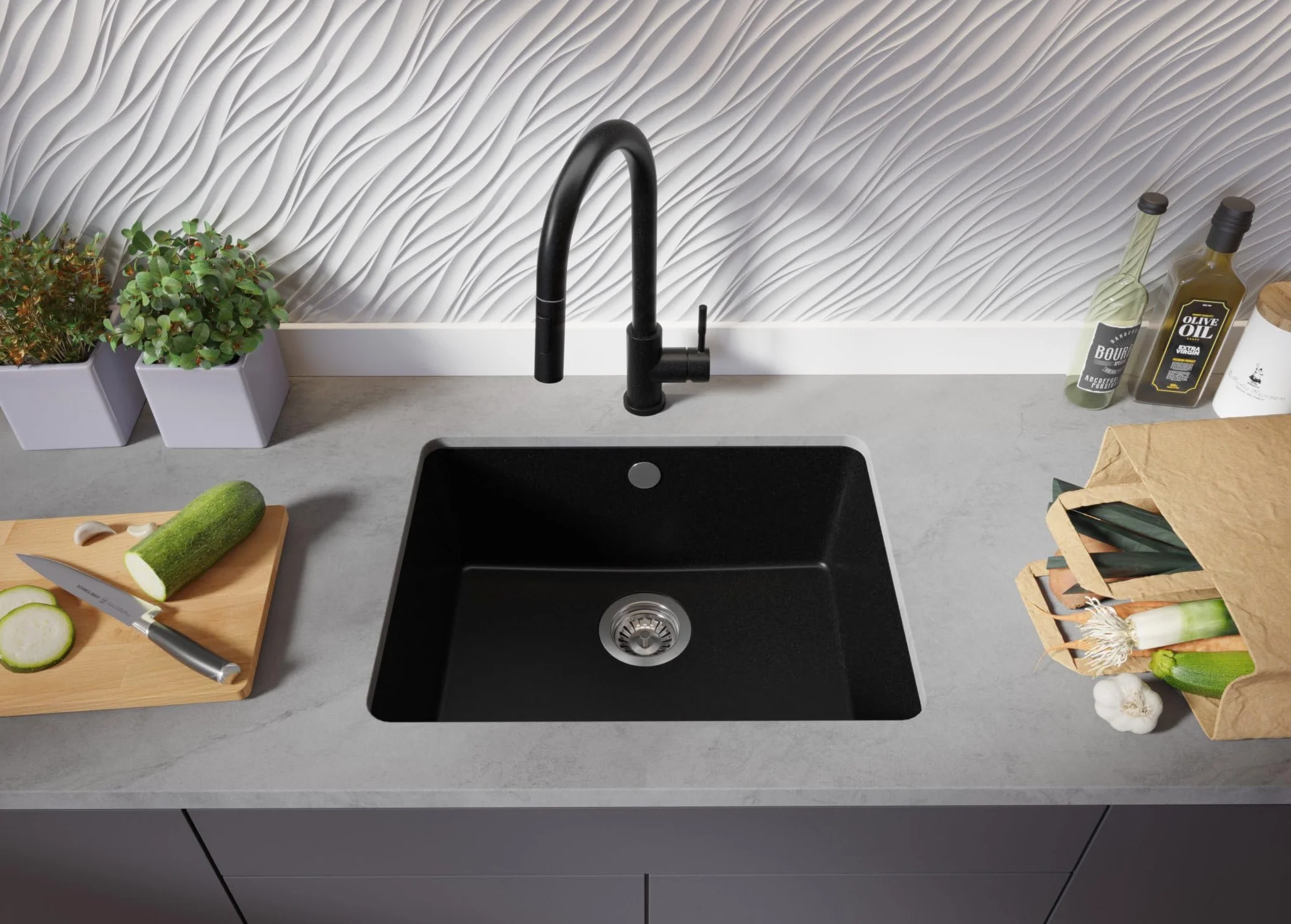 PRIMAGRAN Fregadero bajo Encimera Todo Negro 56x44cm, Cocina 1 Seno + Sifón, Granito al Mueble 60cm - Venecia Easy S067