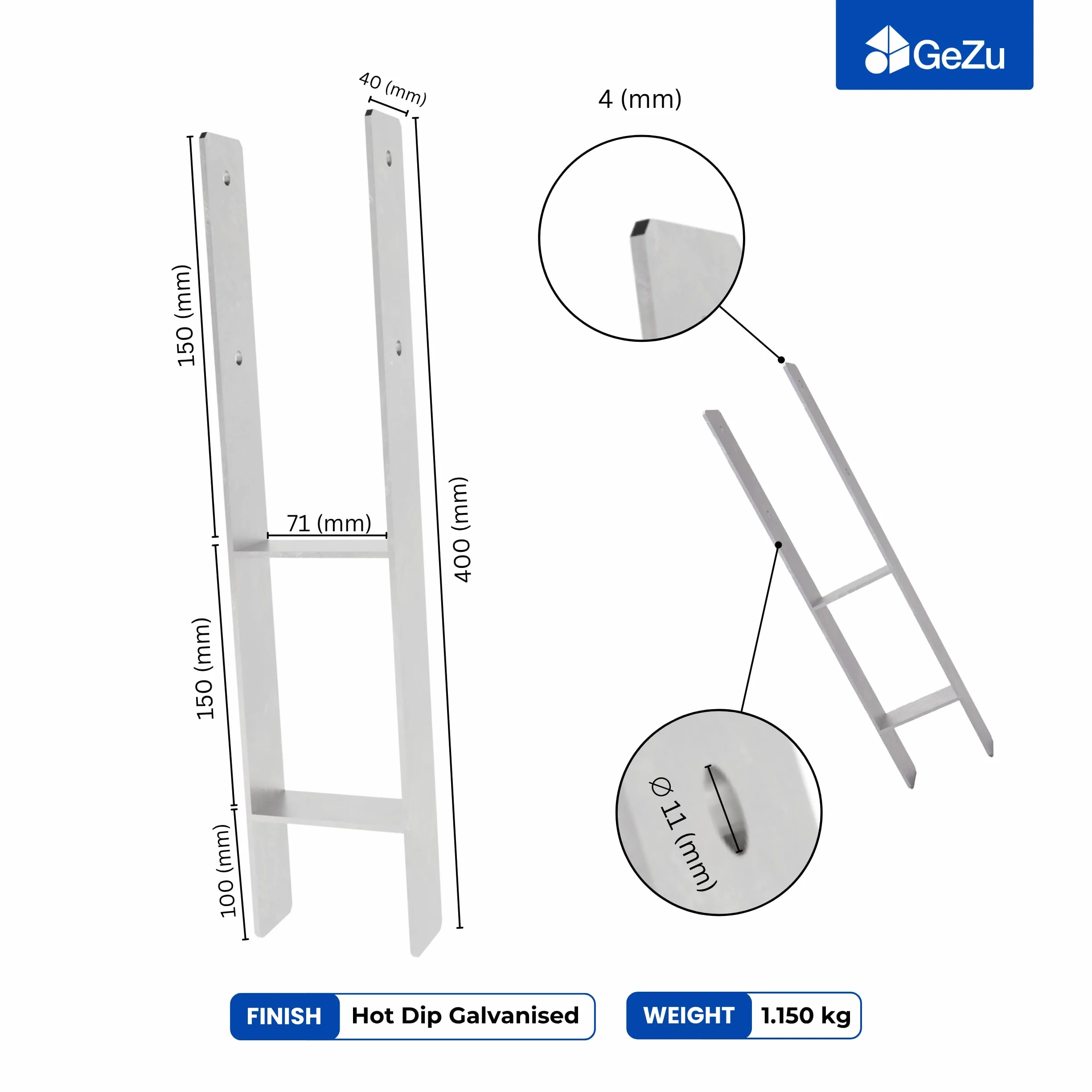 GeZu Impex Post Anchor H 71 x 400 mm Juego of 4 | Galvanizado en Caliente Anclaje Soporte para Ancla Base Elevada