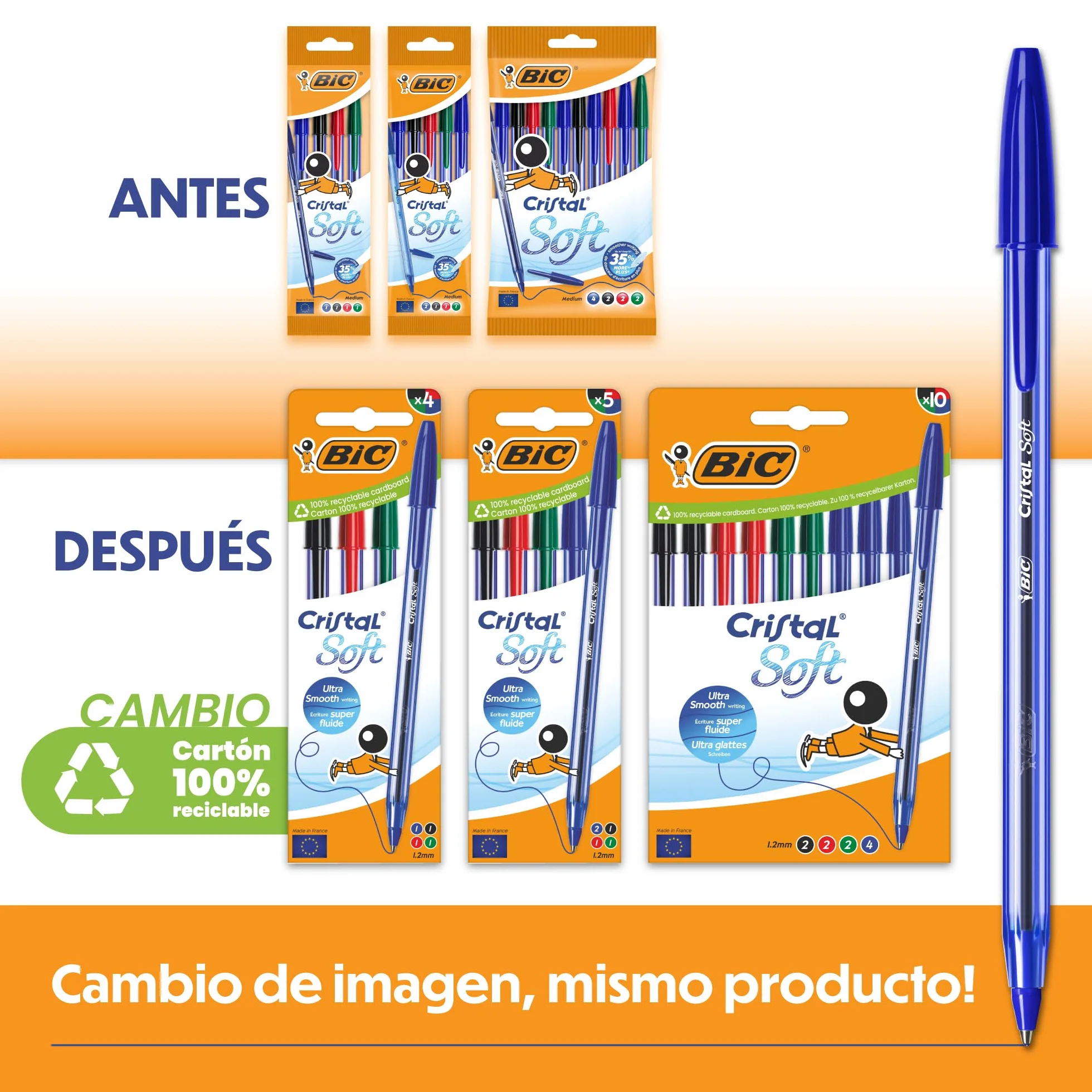 BIC Cristal Soft Bolígrafos Punta Media 1,2 mm Azul Caja 10