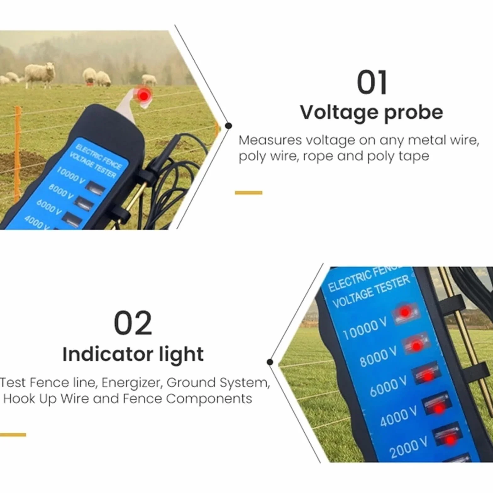 Probador eléctrico de valla eléctrica de fácil transporte, 10000 V con 6 indicadores LED, dispositivo ABS para alambre de metal y ganado