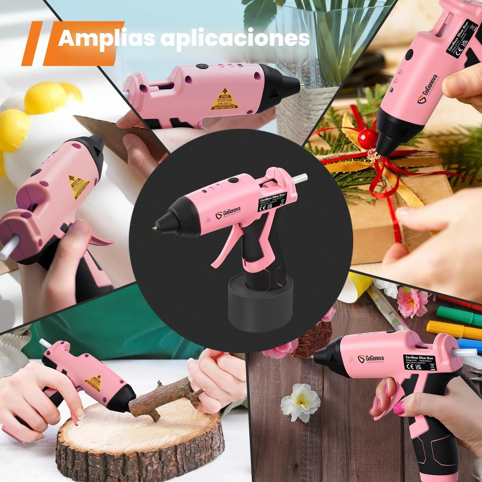 GoGonova Pistola de pegamento caliente inalámbrica 4V GT01002131 Rosa, Inalámbrica, 5W, 4V DC, 5Ah, 15s, 180min, USB Type-C, 25 barras de pegamento, Papel, Algodón, Plástico