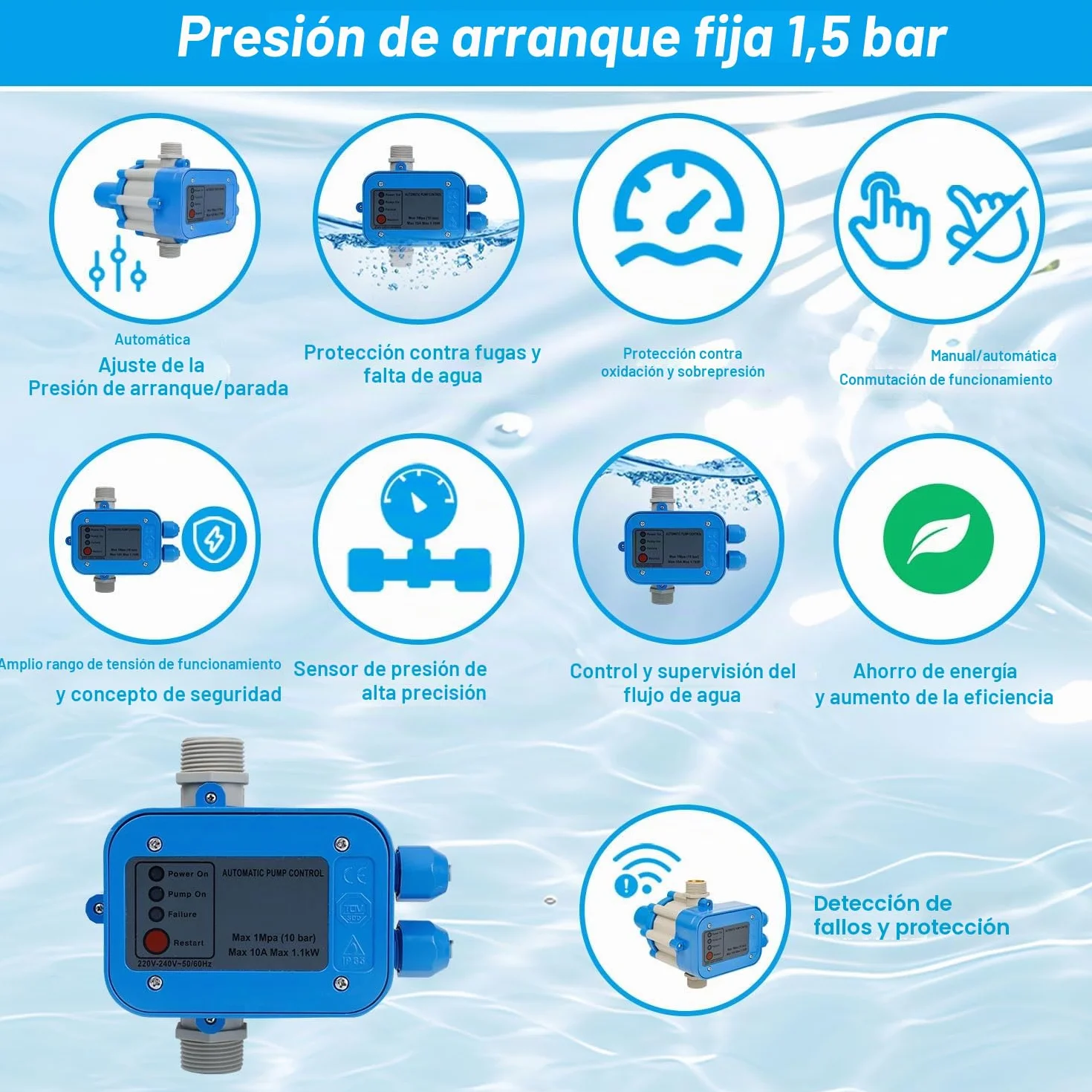 Control electrónico de la bomba 1100 W 4800 l/h - Presostato para agua - Controlador de presión de 10 bar - Interruptor de presión IP65 para bombas de agua - Supervisa el flujo de agua (1,5