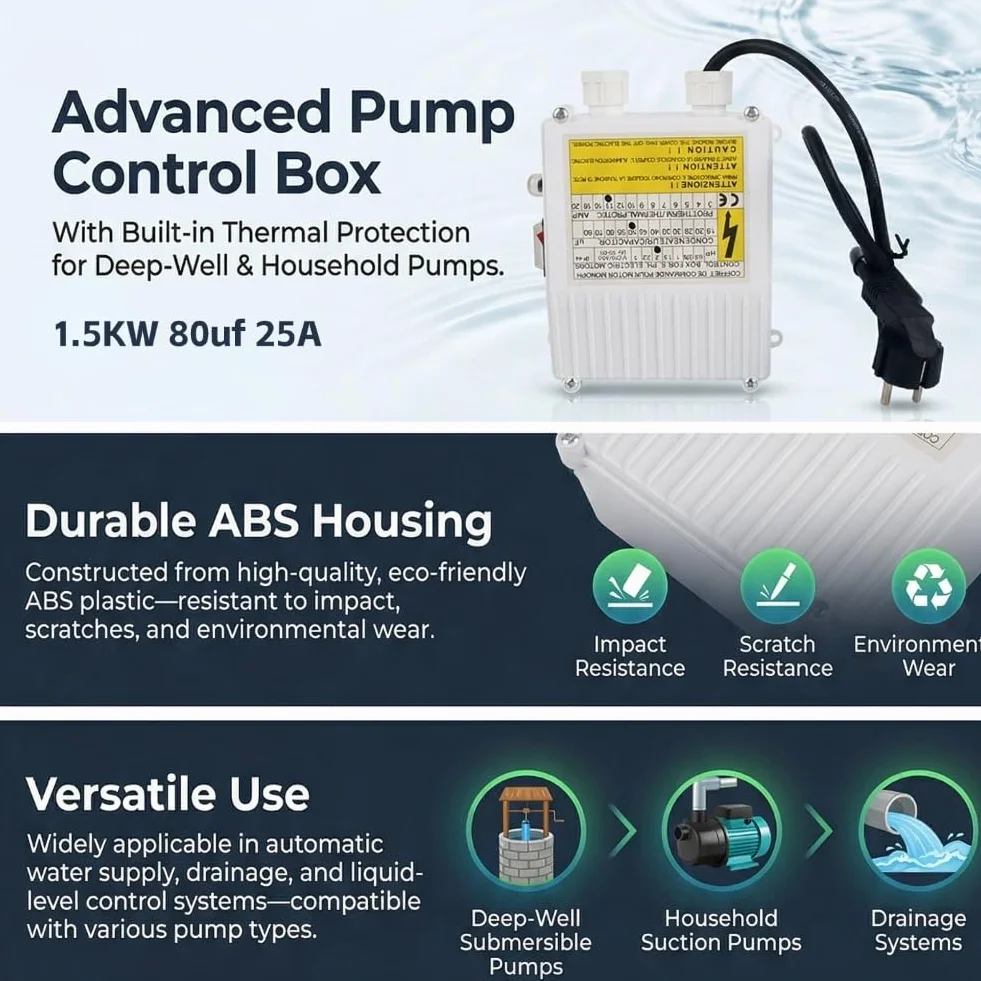 Controlador de Bombas Sumergibles Caja de Control de Bomba con Controlador de Disyuntor de Protección Térmica para Bombas Sumergibles, Bombas de Succión Domésticas (1500W Enchufe