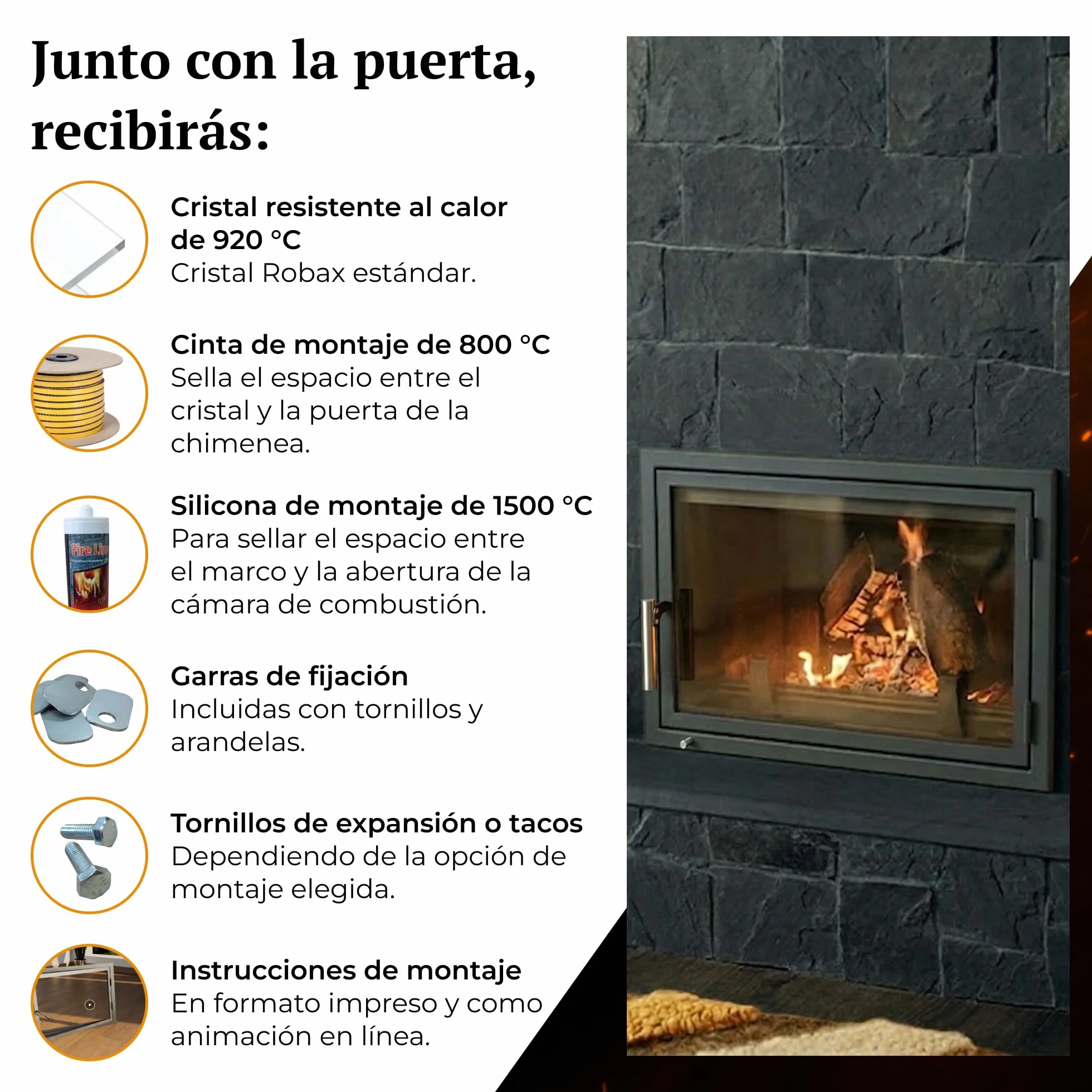 X6 | Puerta de Chimenea a Medida | Puerta para Chimenea, Estufa, Barbacoa y ahumador | Cristal vitrocerámico | Puerta de Acero con Marco | Versión Premium con Accesorios INOX