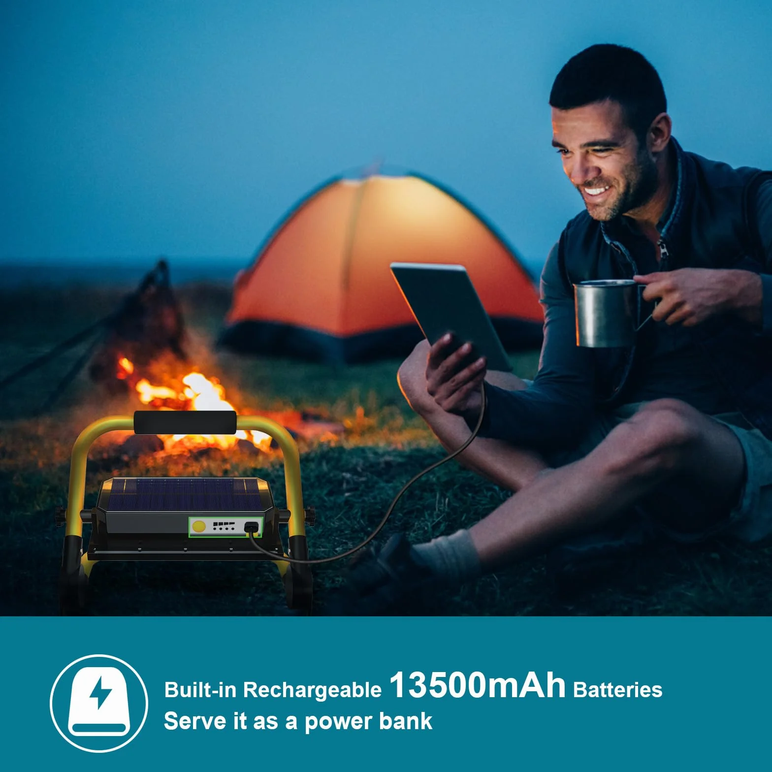 ERAY Foco LED Recargable, Foco LED Batería 13500mAh/8000 Lúmenes/4 Modos de Luz/Panel Solar/Mando a Distancia, Luz de Trabajo Portátil Recargable Ideal para Camping, Emergencia, Trabajo, Pesca