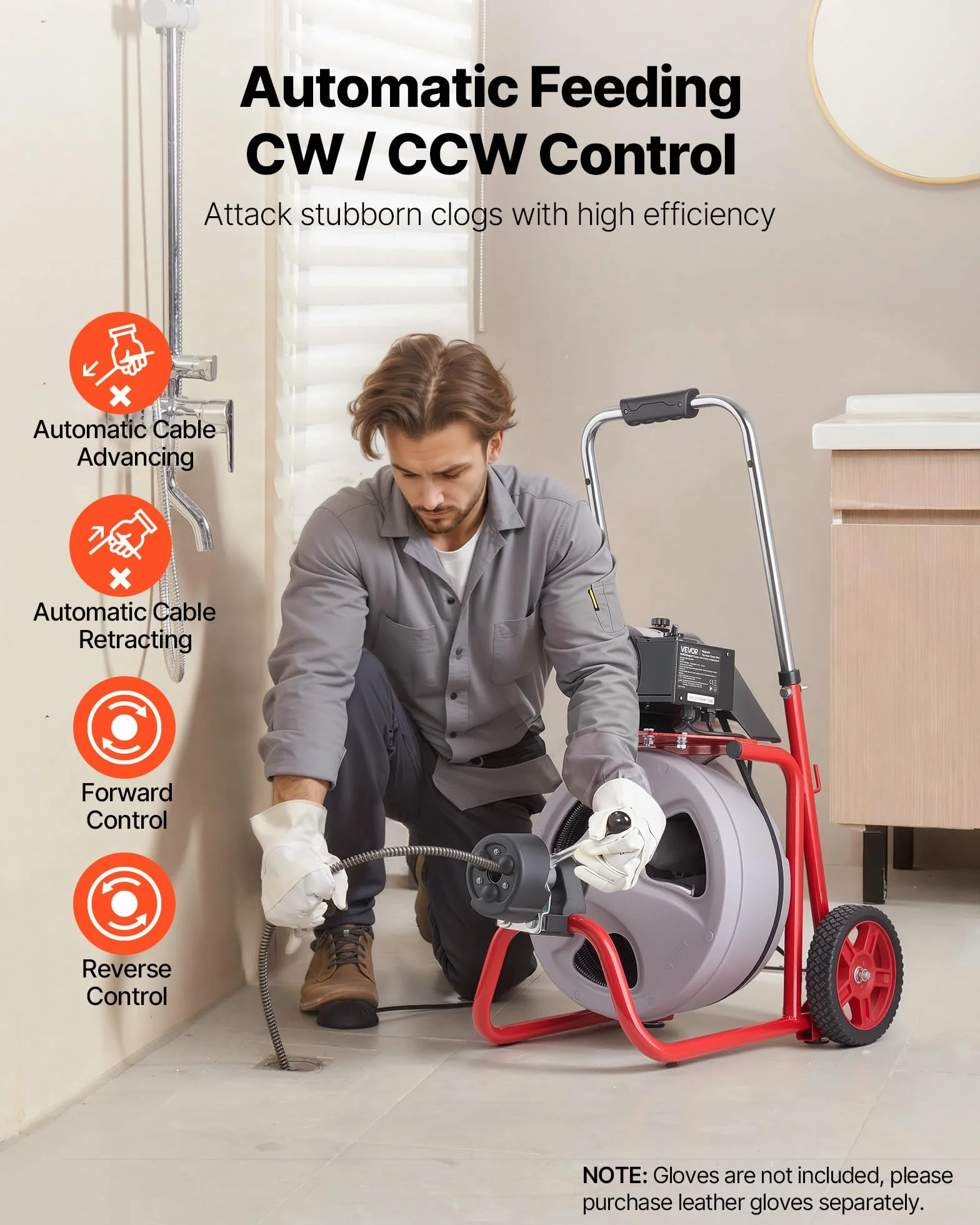 VEVOR Desatascador de Desagües Eléctrico 30 m x 9,5 mm, Máquina de Limpieza de Tuberías con Alimentación Automática, Tambor de Plástico, Limpiador de Tubos de Drenaje para Tuberías de 5-10 cm