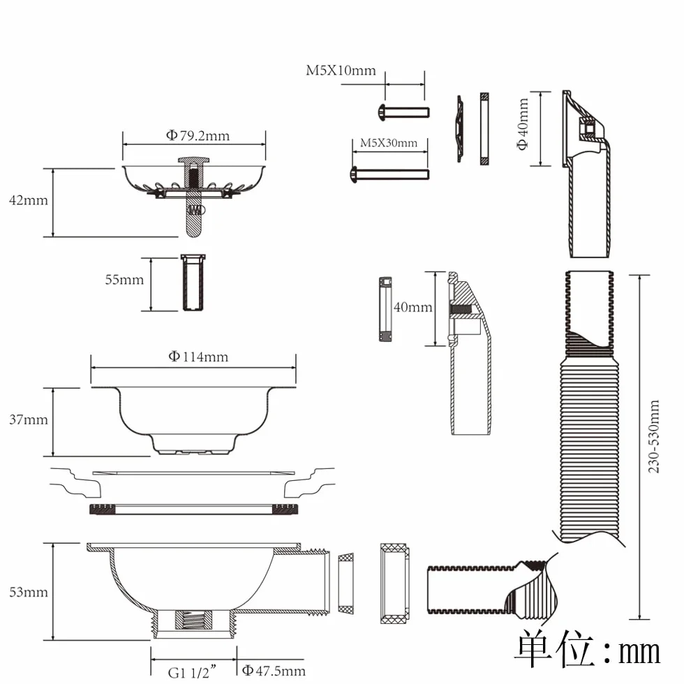 Talea Acero inoxidable 304 Tornillo largo de 5,5 cm Fregadero de cocina 114 mm Desagüe tipo cuenco Colador de desagüe con rebosadero 2 tipos de rebosadero XK186GE
