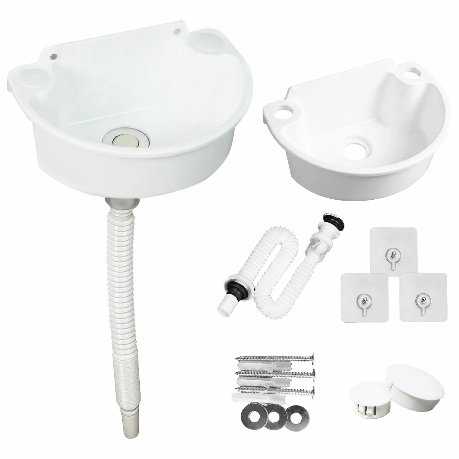 Fregadero de plástico, mini lavabo con desagües de acero inoxidable de 75 cm y tapón de drenaje, fregadero semicircular curvado, para camping, para jardín, sótano, inodoro y baño