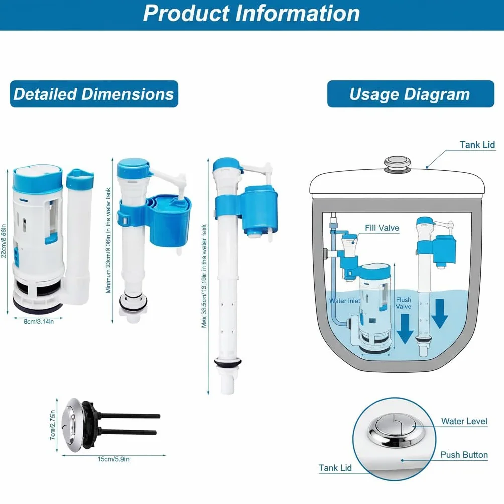 Sistema de descarga de inodoro de repuesto, Wieat Kit de cisterna de inodoro de doble descarga, botón pulsador para baño doméstico, válvula de llenado ajustable azul, adecuado para depósitos con una