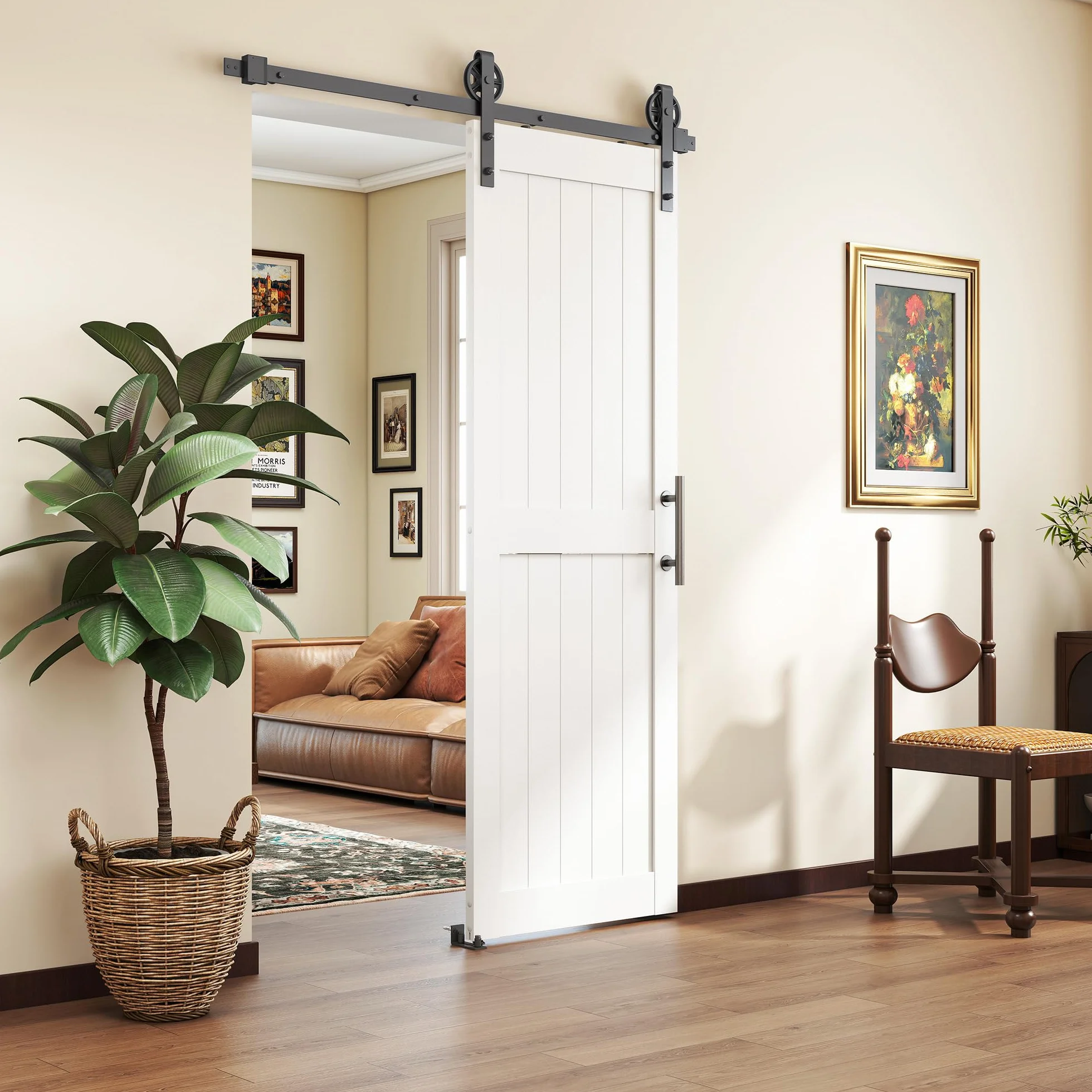 HOMCOM Puerta Corredera de Granero con Herrajes 71,5x213,4 cm Puerta Corredera de Interior con Manija Rodillo y Guía de Suelo Mejorados para Baño Salón Sala de Estar Blanco