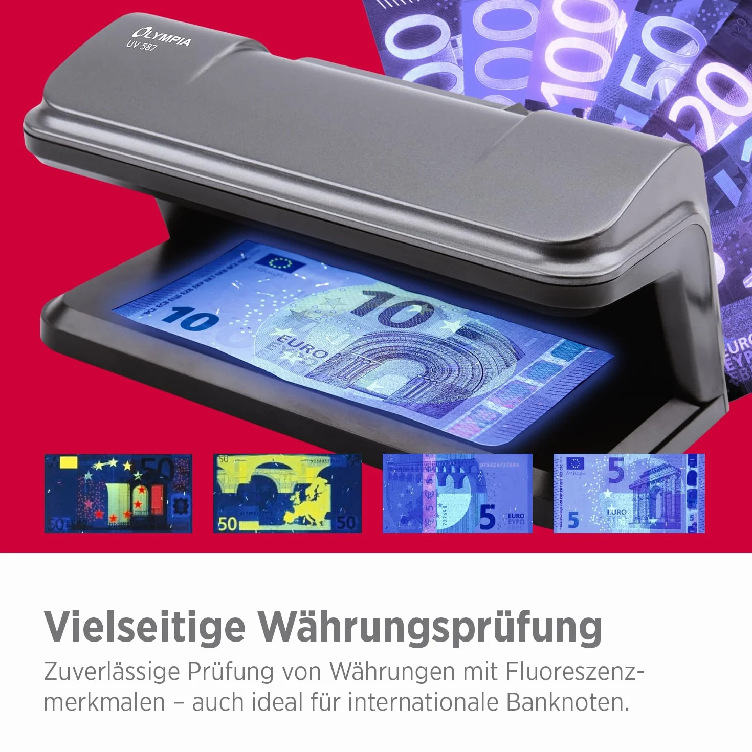 Olympia Detector de billetes UV 587, luz UV 365 nm, 2 LED UV 3 W, comprobador billetes falsos USB