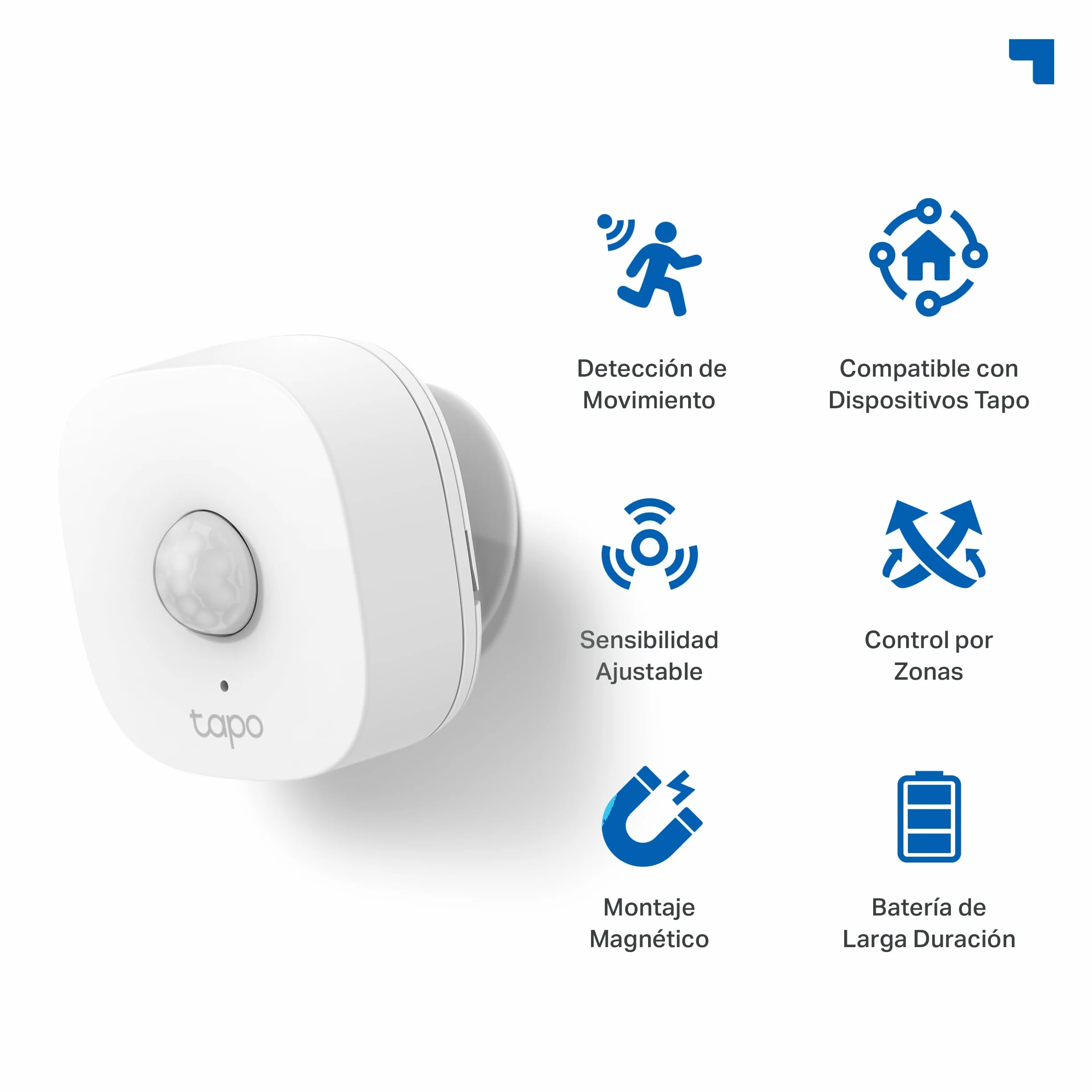 Tapo TP-Link T100 - Detector de Movimiento WiFi, Amplia Cobertura, Sensor de Alarma Antirrobo,Rotación 120º, Montaje Magnético, Control App, Requiere Hub