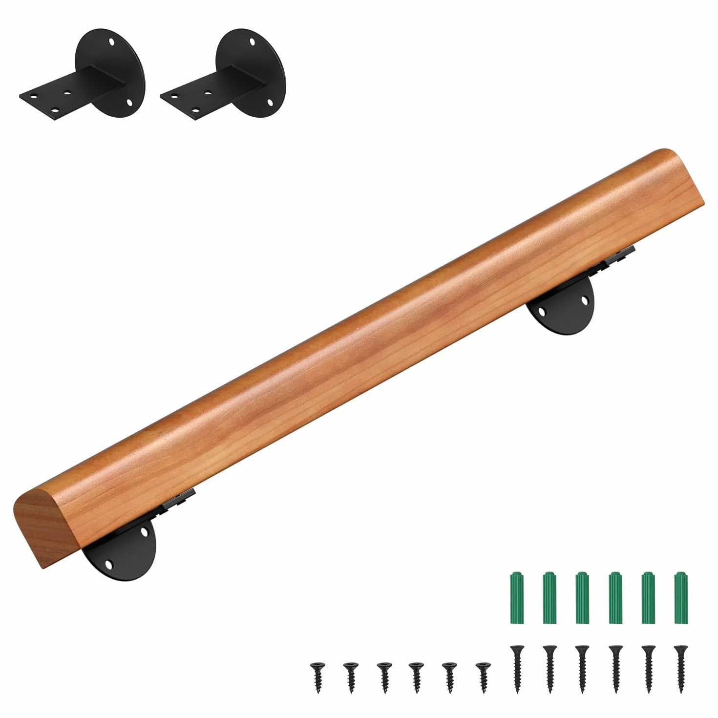 Pasamanos de madera de pino, 80 cm, pasamanos montados en la pared, madera semicircular, pasamanos de madera antideslizante con soportes de pared, material de montaje, nogal claro
