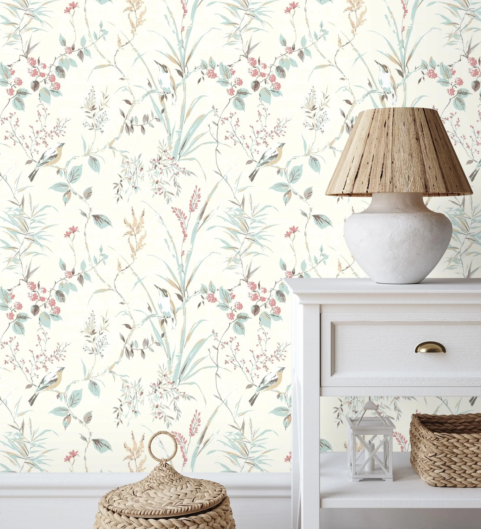 GAULAN 681950 - Papel pintado de ramas flores y pájaros estilo romántico para pared salón dormitorio pasillo comedor - Rollo de 10 m x 0,53 m