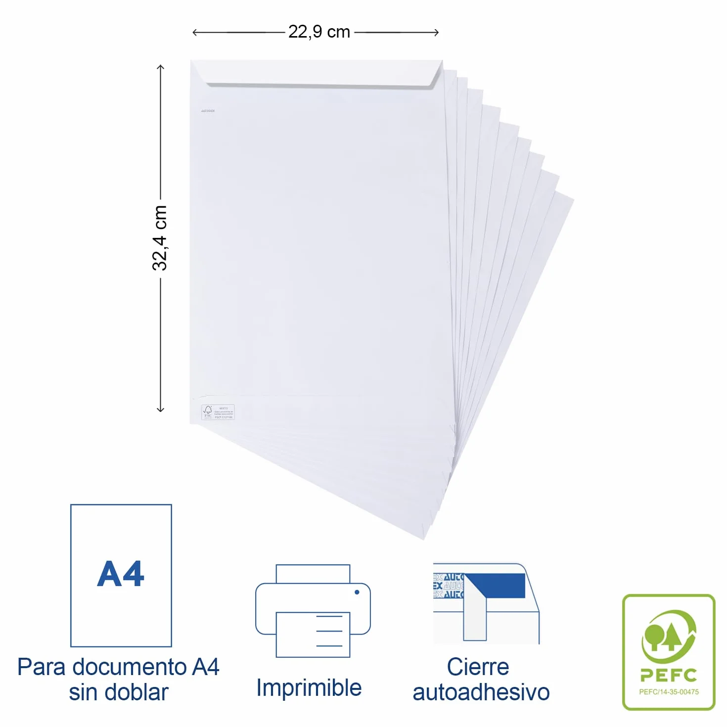 Unipapel - Sobres Papel Blancos 100g, 229x324mm, 50 Unidades, Tipo Bolsa, Tira Autoadhesiva Silicona Autodesk, Apertura Superior, FSC, Documentos A4 Sin Pliegues